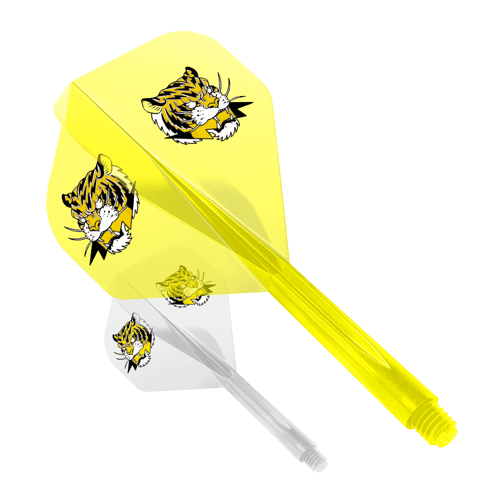 Das Bild zeigt zwei Dart-Flights des Modells "Condor AXE Inazuma Tiger Mix Flight-System" in Gelb und Transparent. Beide Flights sind mit einem Tigerkopf-Motiv bedruckt.