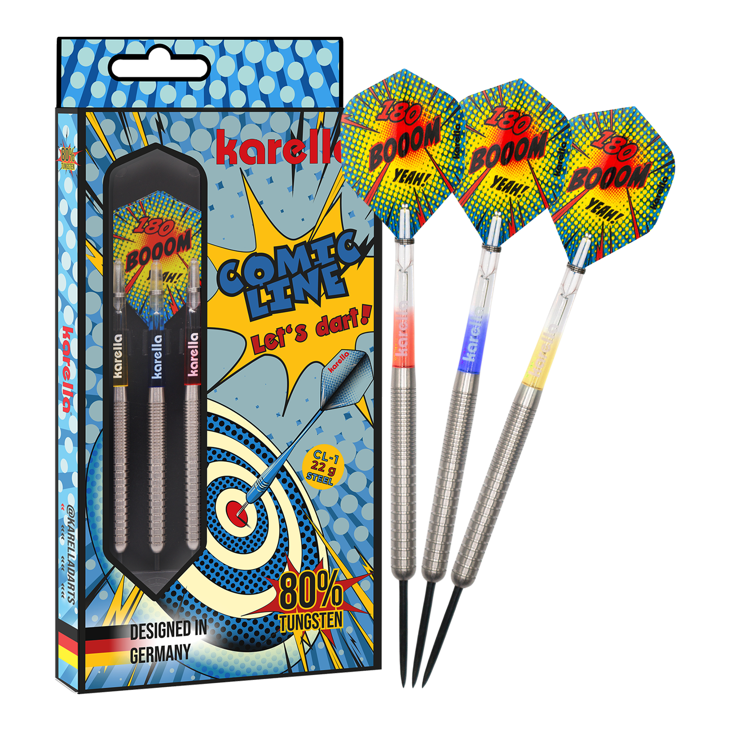 Das Bild zeigt den Karella Comic Line CL-1 Steeldarts - 22g. Es veranschaulicht die vollständige Ansicht des Steeldartpfeils.