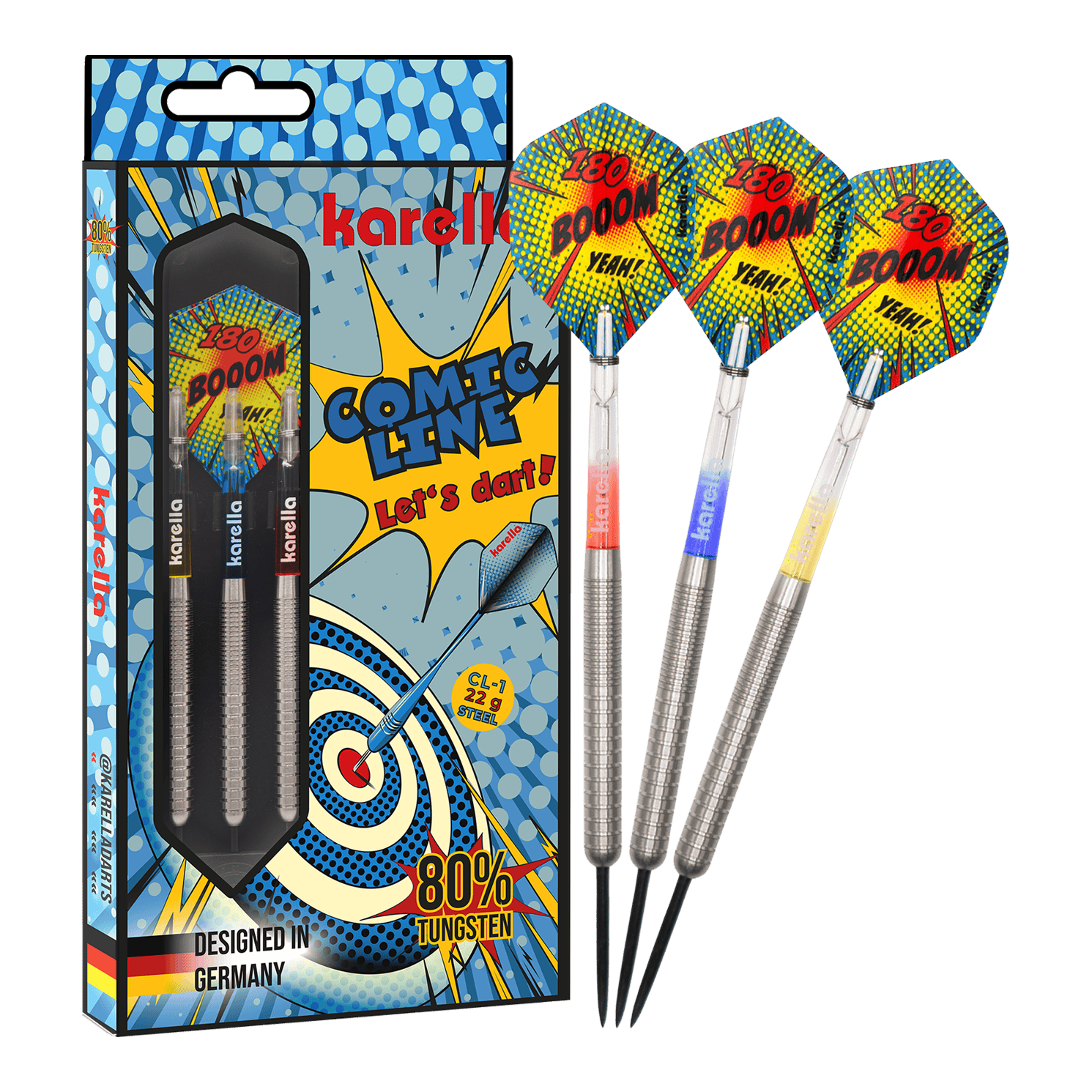 Karella Comic Line CL-1 Steeldarts - 22g Das Bild zeigt den Karella Comic Line CL-1 Steeldarts - 22g. Es veranschaulicht die vollständige Ansicht des Steeldartpfeils.