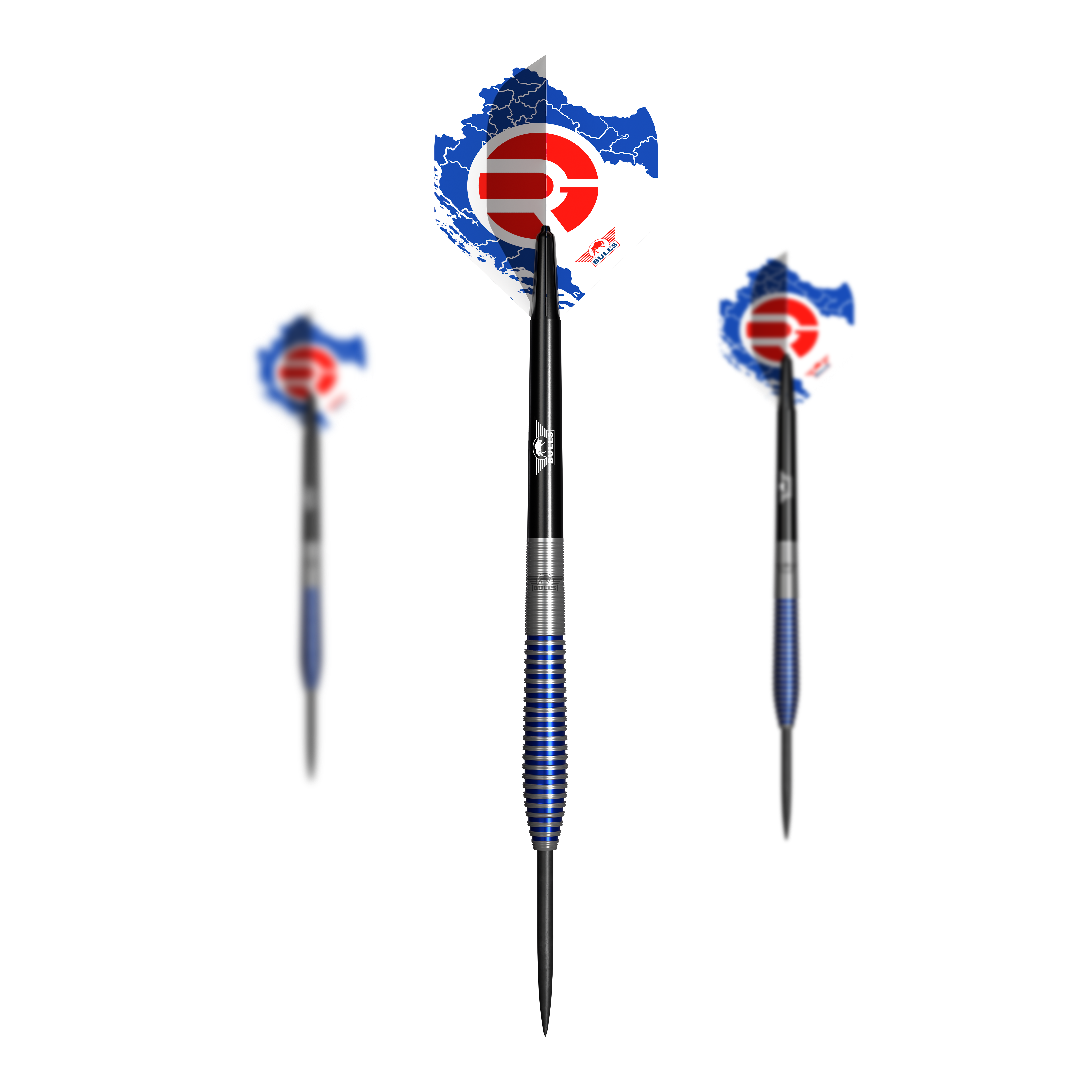 Bulls NL Romeo Grbavac Steeldarts - 23g Das Bild zeigt drei Steeldarts des Produkts "Bulls NL Romeo Grbavac Steeldarts - 23g". Die Darts haben blaue, silberne und schwarze Akzente sowie Flights mit einem roten und blauen Muster.