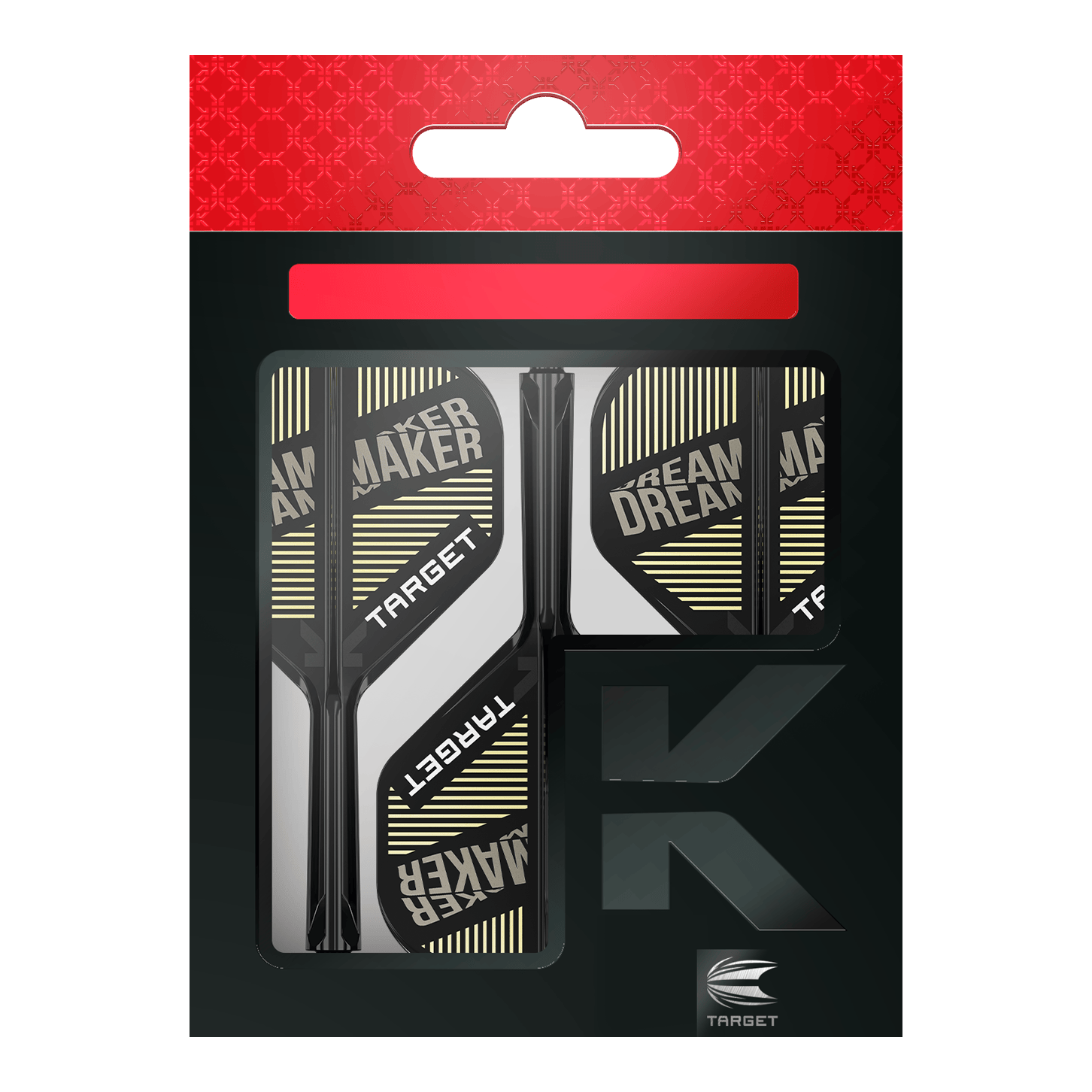 Target K-Flex Dimitri Van Den Bergh No2 Standard Flight-Shaft-System Das Bild zeigt eine Verpackung mit Dart-Flights und Schäften der Marke Target. Auf den Flights steht der Text "DREAM MAKER".