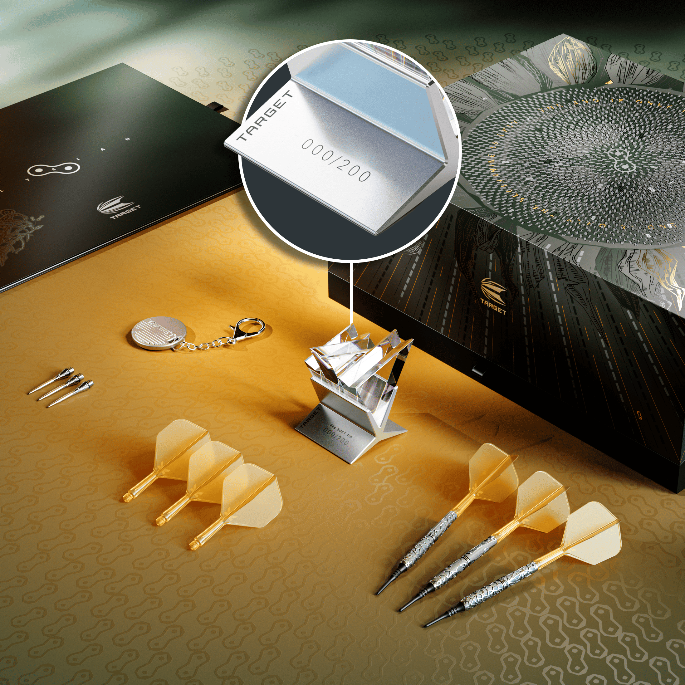 Das Bild zeigt das exklusive Set der "Target Elysian 10 Limited Edition Softdarts - 20g" mit hochwertigem Zubehör. Im Vordergrund sind drei Darts, Ersatzspitzen, Flights, ein Schlüsselanhänger und eine edle Trophäe sowie die stilvolle Verpackung zu sehen.