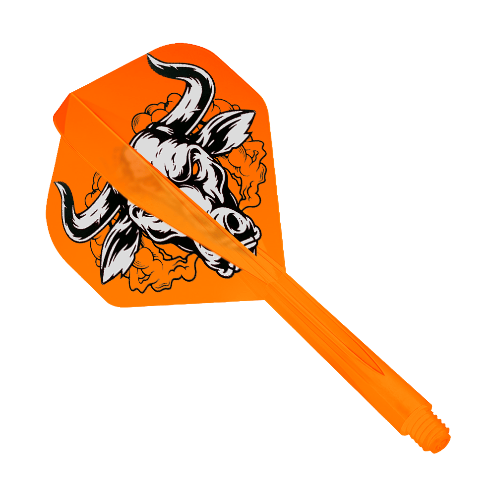 Condor Axe Aussie Bull Orange Flight-System Standard Auf dem Bild ist ein orangefarbenes Dartflight-System mit einem auffälligen Bullen-Design zu sehen. Das Produkt heißt "Condor Axe Aussie Bull Orange Flight-System Standard".