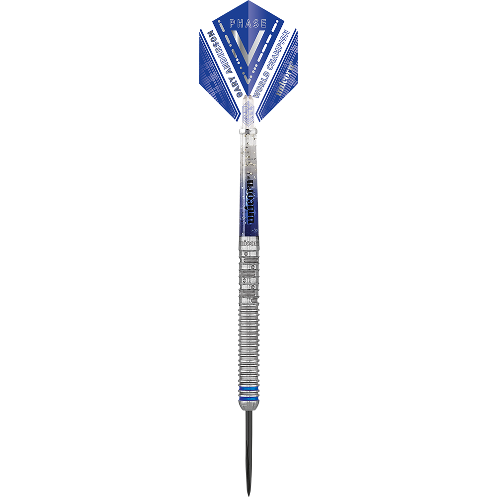Das Bild zeigt einen Steeldart namens "Unicorn W.C. Gary Anderson Phase 5". Der Dart hat blaue und silberne Designelemente und einen spitzen Metallpfeil.