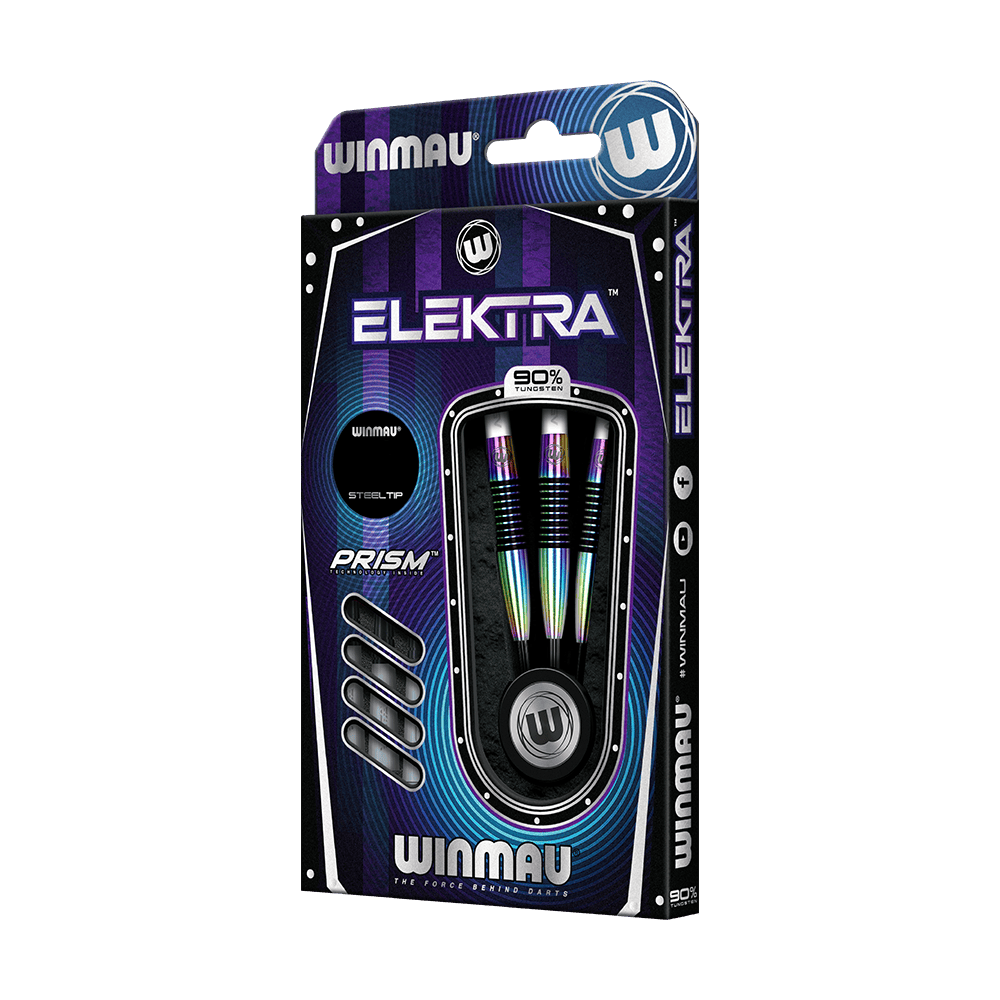 Das Bild zeigt die Verpackung der "Winmau Elektra Steeldarts". Drei bunte Steeldarts mit 90% Tungsten sind in der Schachtel sichtbar.