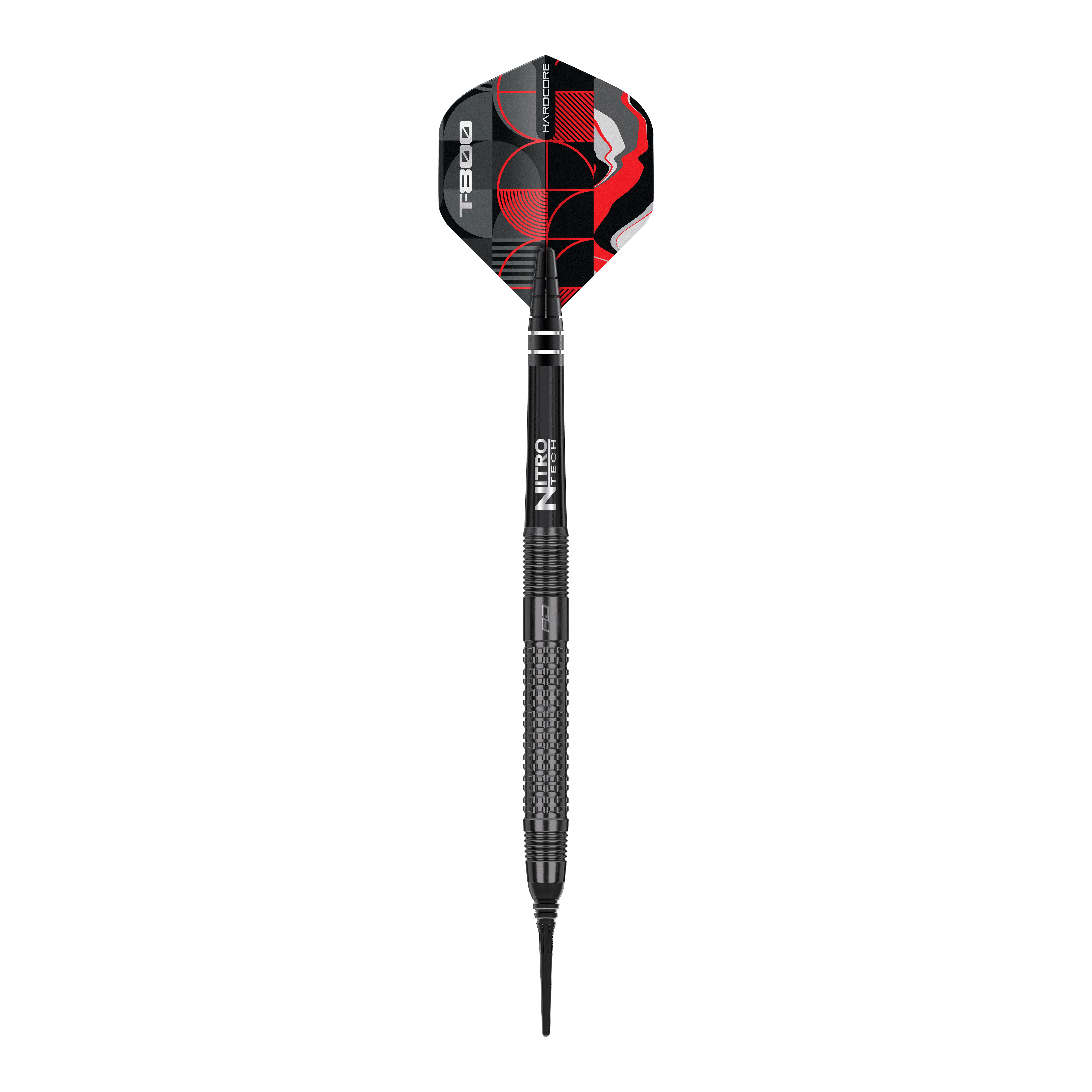Das Bild zeigt einen Red Dragon T-800 Softdart mit einem Gewicht von 20g. Der Dart ist schwarz mit roten und weißen Designelementen auf dem Flight.