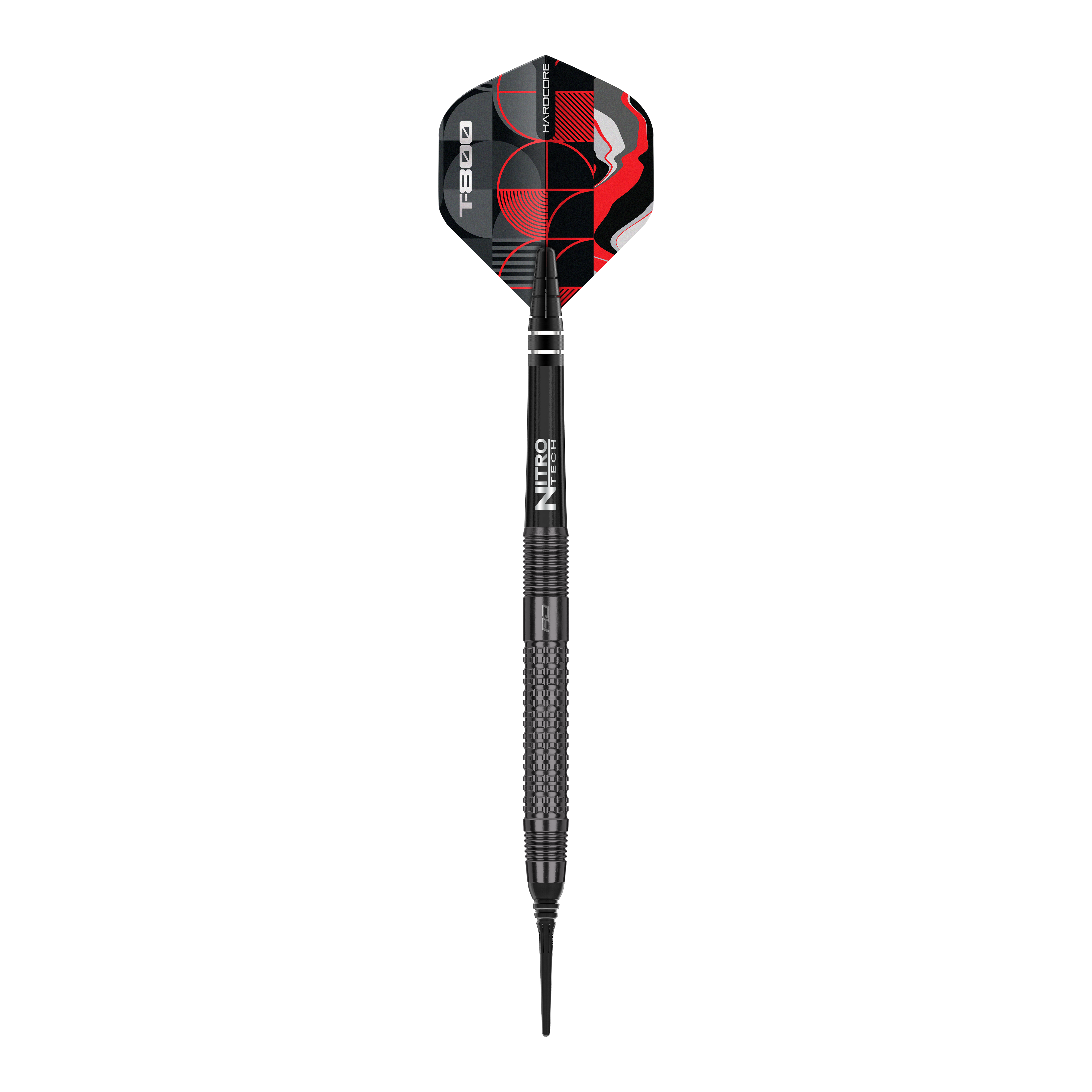 Red Dragon T-800 Softdarts - 20g Das Bild zeigt einen Red Dragon T-800 Softdart mit einem Gewicht von 20g. Der Dart ist schwarz mit roten und weißen Designelementen auf dem Flight.