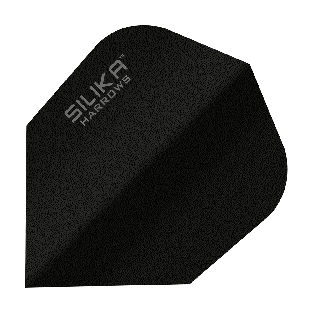 Das Bild zeigt einen schwarzen Dartflight mit der Aufschrift "SILIKA HARROWS". Es handelt sich um das Modell "Silika Solid Tough Crystalline Coating Black No6".