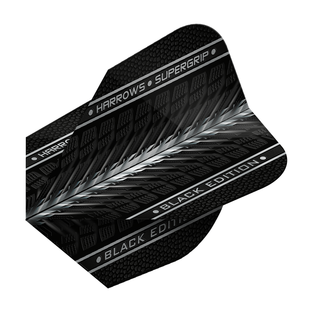 Harrows Supergrip Black-Edition No6 Flights Das Bild zeigt das Produkt "Harrows Supergrip Black-Edition No6 Flights" in schwarzem Design. Auf dem Flight sind die Schriftzüge "HARROWS • SUPERGRIP" und "BLACK EDITION" zu sehen.