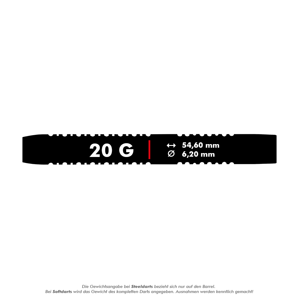 Winmau Garrett Rakowski Softdarts - 20g Das Bild zeigt die Produktangaben der Winmau Garrett Rakowski Softdarts mit einem Gewicht von 20 Gramm. Die Darts haben eine Länge von 54,60 mm und einen Durchmesser von 6,20 mm.