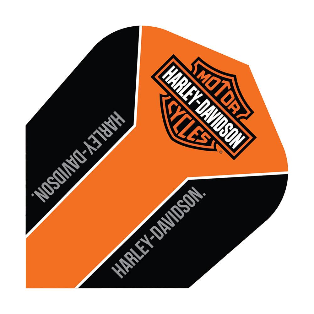 Das Bild zeigt ein Dartflight in den Farben Orange und Schwarz mit dem Harley-Davidson Logo. Auf dem Flight steht mehrfach der Schriftzug "HARLEY-DAVIDSON".