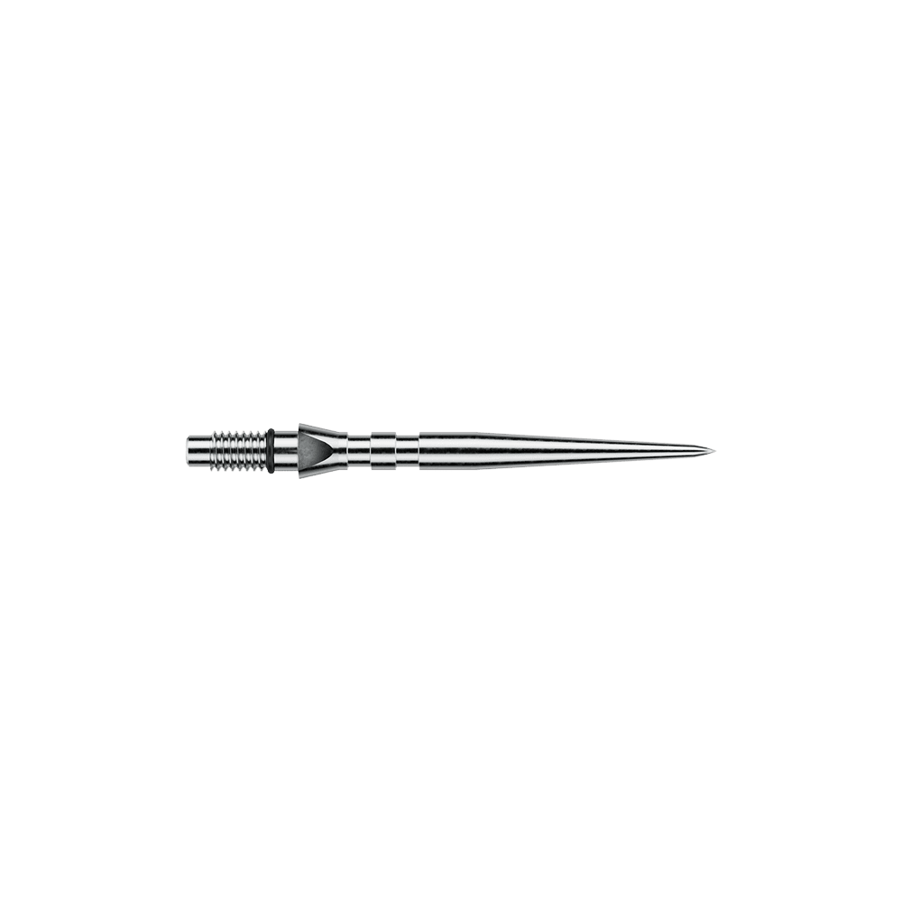 Winmau Switch Point Groove Steeldartspitzen - Silver Effect Das Bild zeigt silberfarbene Steeldartspitzen mit Rillen, vermutlich 'Switch Point Groove Silver Effect' und 26mm lang. Die Spitzen sind für Steeldarts vorgesehen.
