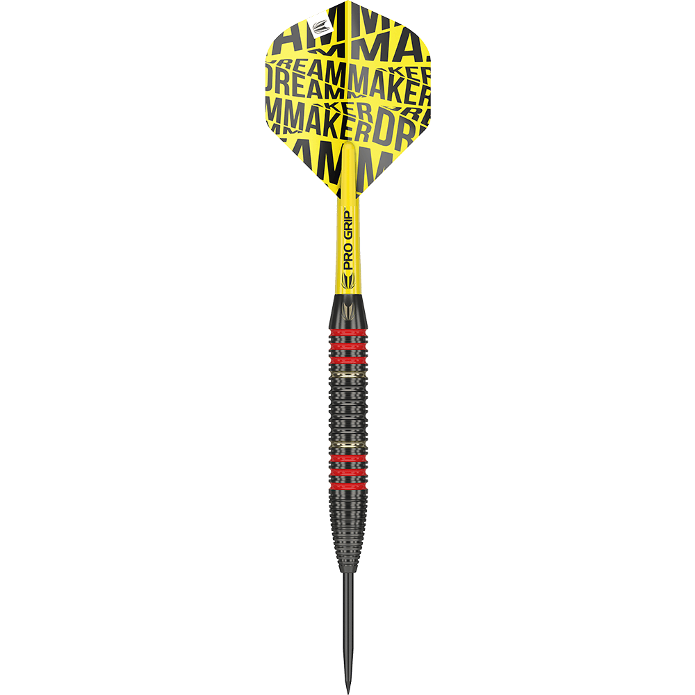 170007_Target_Dimitri_Van_Den_Bergh_Brass_Steeldarts_10vyhbiogUP10N Das Bild zeigt einen Target Dimitri Van Den Bergh Brass Steeldart mit einem Gewicht von 22g. Der Dart hat eine gelbe Flight mit dem Aufdruck "DREAMMAKER" und einen schwarz-roten Griff.