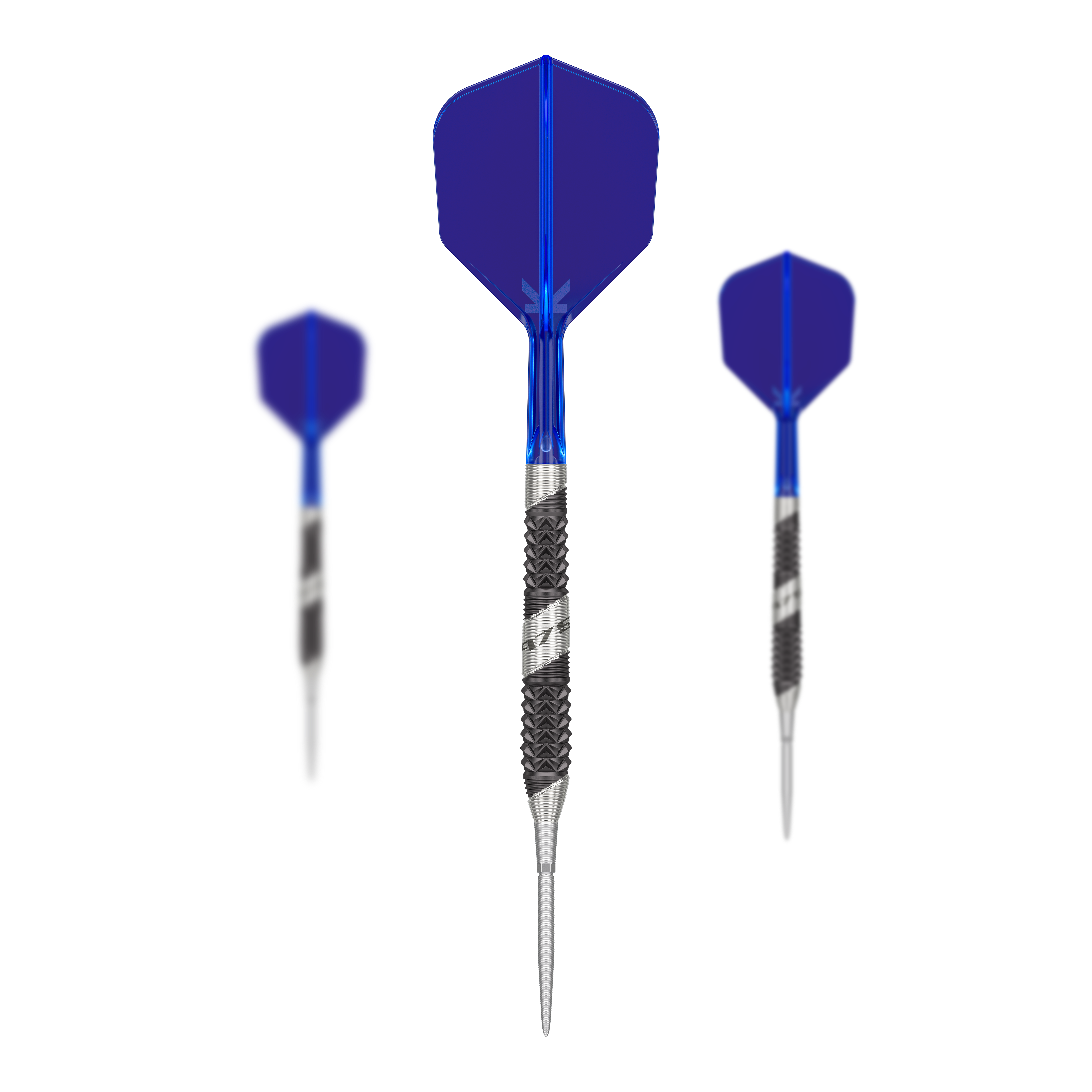 Target 975 Ultra Marine 02 Swiss Point Steeldarts Das Bild zeigt drei Steeldarts des Produkts "Target 975 Ultra Marine 02 Swiss Point". Die Darts haben blaue Flights und silber-schwarze Barrels mit einem strukturierten Griff.