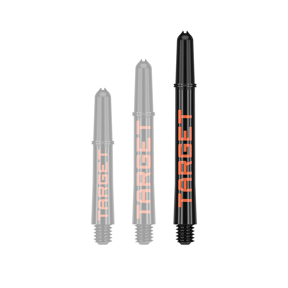 Target Pro Grip TAG Shafts - 3 Sets - Schwarz Orange Das Bild zeigt drei schwarze Dartschäfte in verschiedenen Längen mit orangefarbener Schrift. Auf jedem Schaft steht das Wort "TARGET".