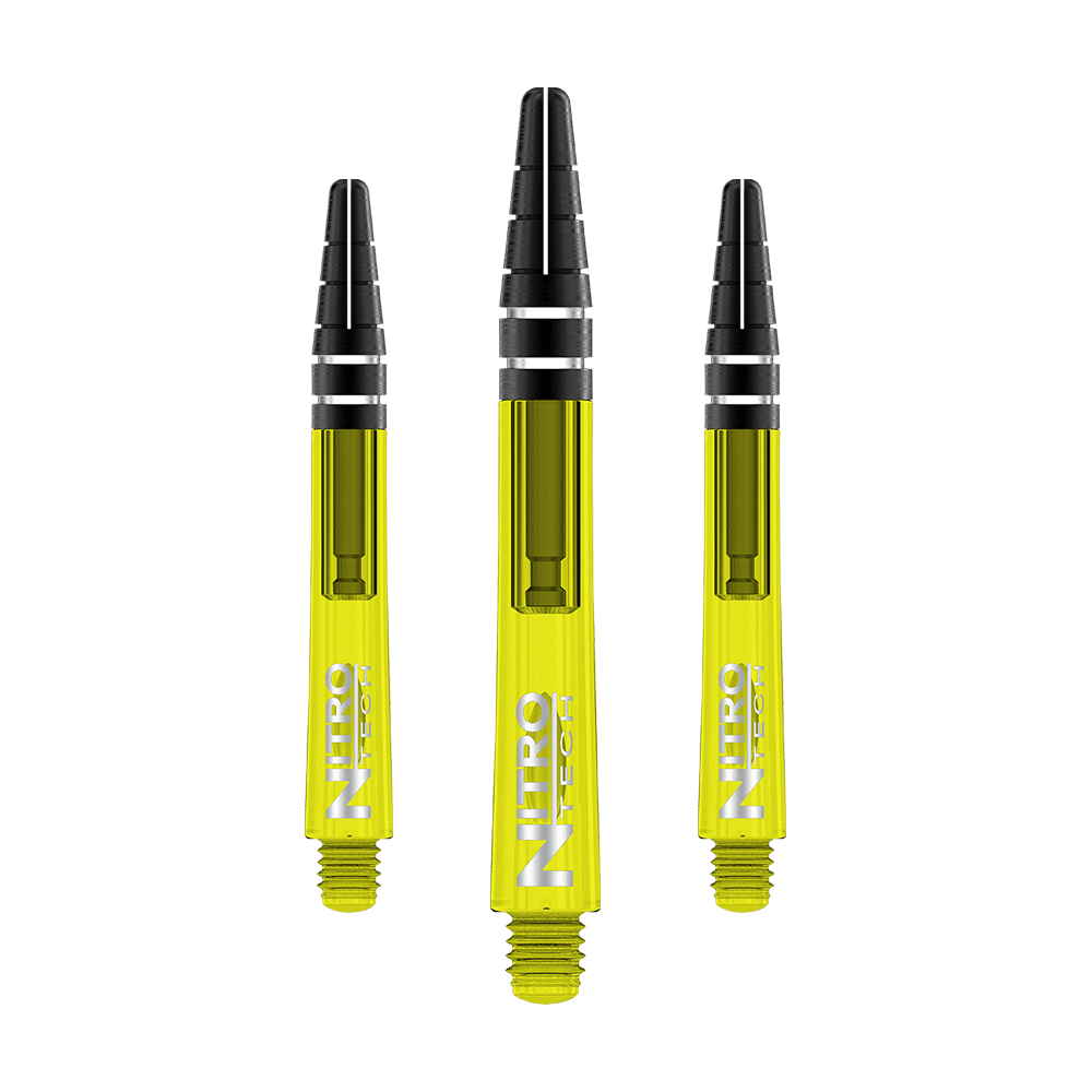 C707_Red_Dragon_Nitrotech_Shafts_Gelb_42mm_1 Das Bild zeigt drei gelbe Dartschäfte mit schwarzem oberen Teil. Auf den Schäften steht der Schriftzug "NITRO TECH" in weißer Farbe.