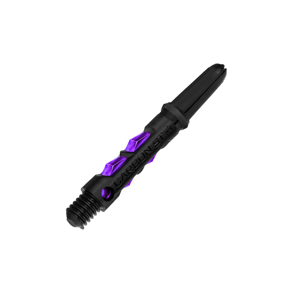 Das Bild zeigt einen Harrows Carbon ST Shafts in der Farbe Lila. Der Schaft ist überwiegend schwarz mit auffälligen lilafarbenen Details.