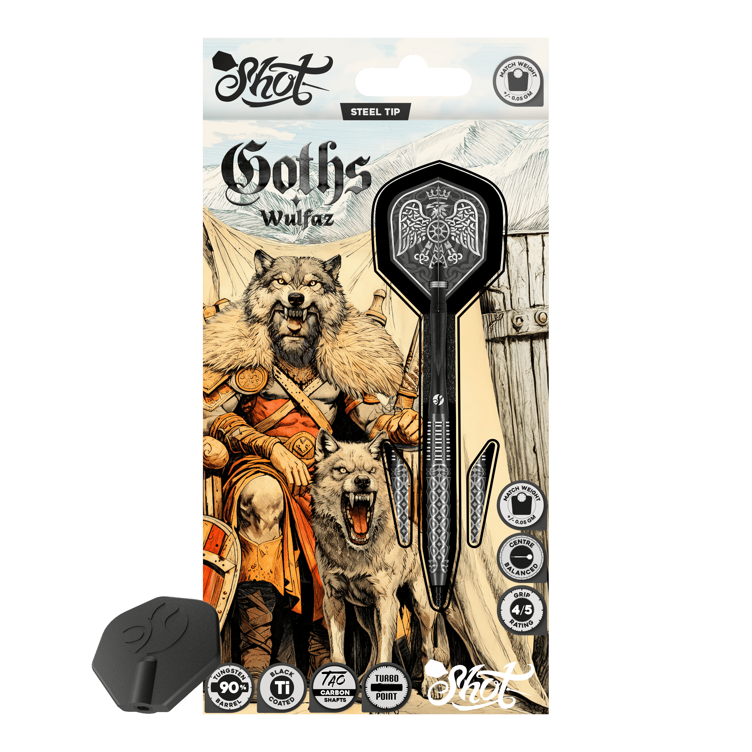 Shot Goths Wulfaz Turbo Point Steeldarts - 23g Das Bild zeigt die Shot Goths Wulfaz Turbo Point Steeldarts mit 23 Gramm. Diese Pfeile sind für das Steeldartspiel konzipiert.