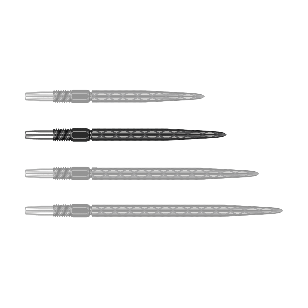 Target Swiss Diamond Pro Black Points Dartspitzen Das Bild zeigt vier schwarze Dartspitzen mit silbernem Gewinde, die nebeneinander liegen. Die Spitzen haben eine rautenförmige Struktur entlang des Schafts.