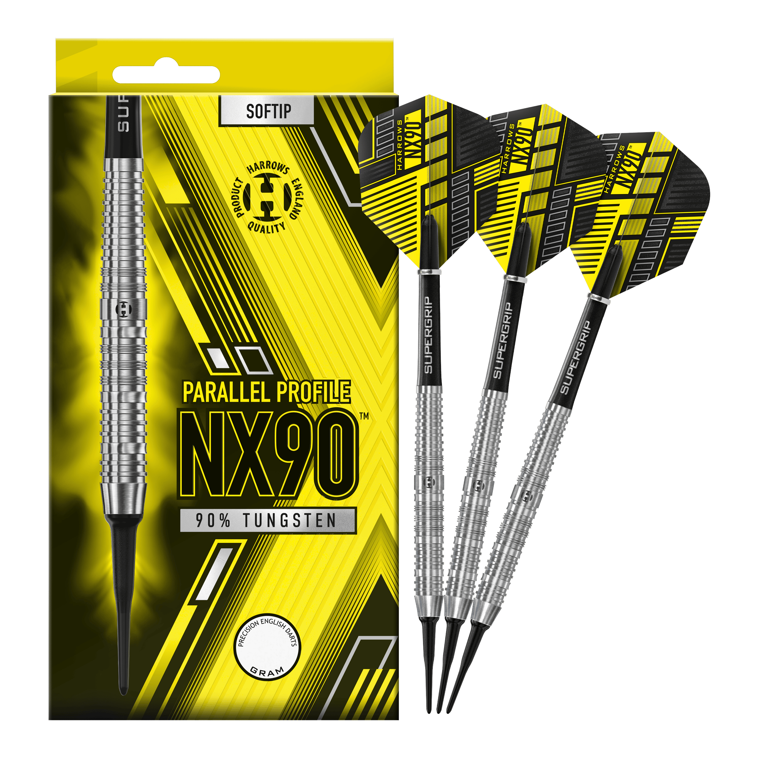 Das Bild zeigt eine Packung der Harrows NX90 Parallel Softdarts mit gelb-schwarzem Design. Daneben liegen drei silberne Softdarts mit schwarzen und gelben Flights.