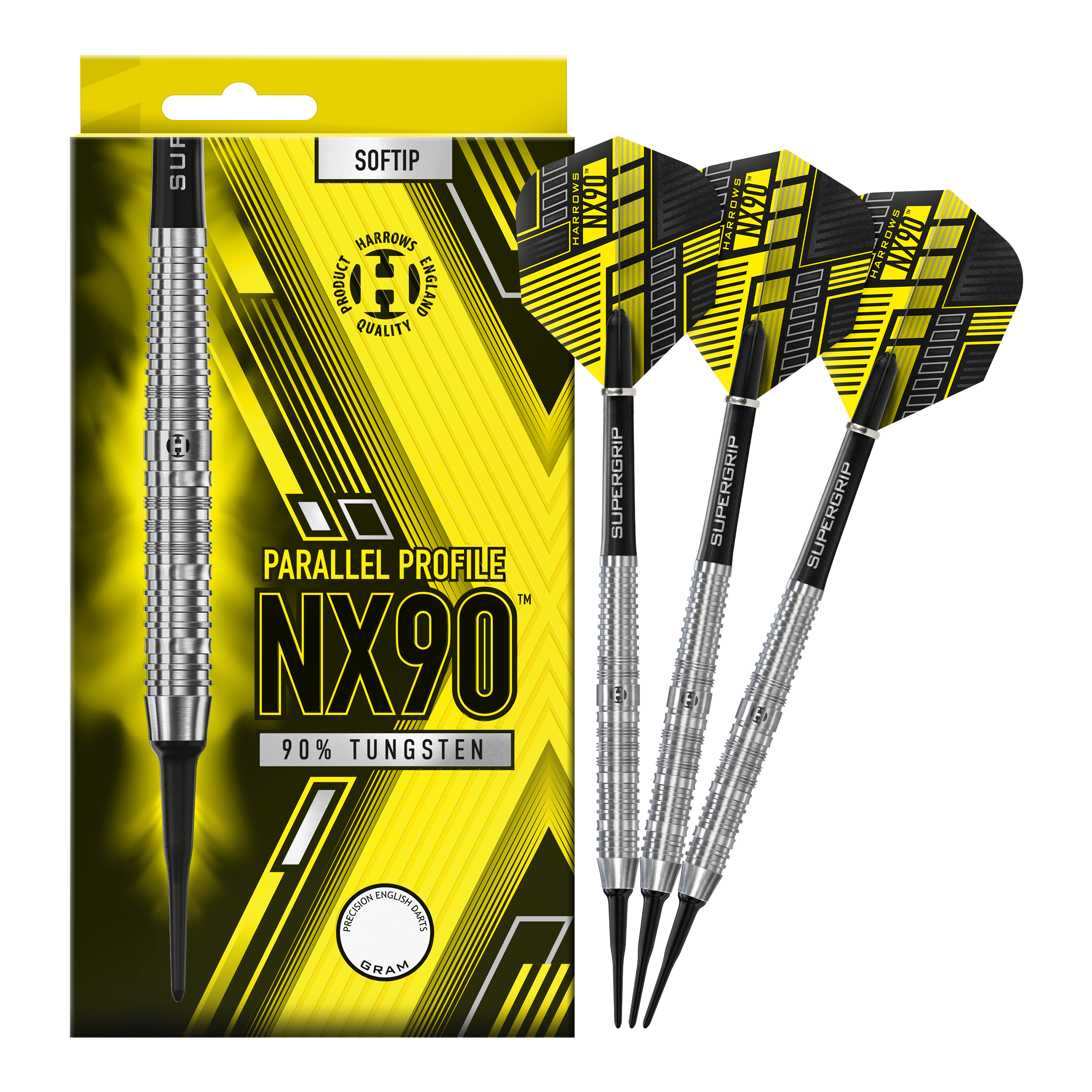 Harrows NX90 Parallel Softdarts Das Bild zeigt eine Packung der Harrows NX90 Parallel Softdarts mit gelb-schwarzem Design. Daneben liegen drei silberne Softdarts mit schwarzen und gelben Flights.