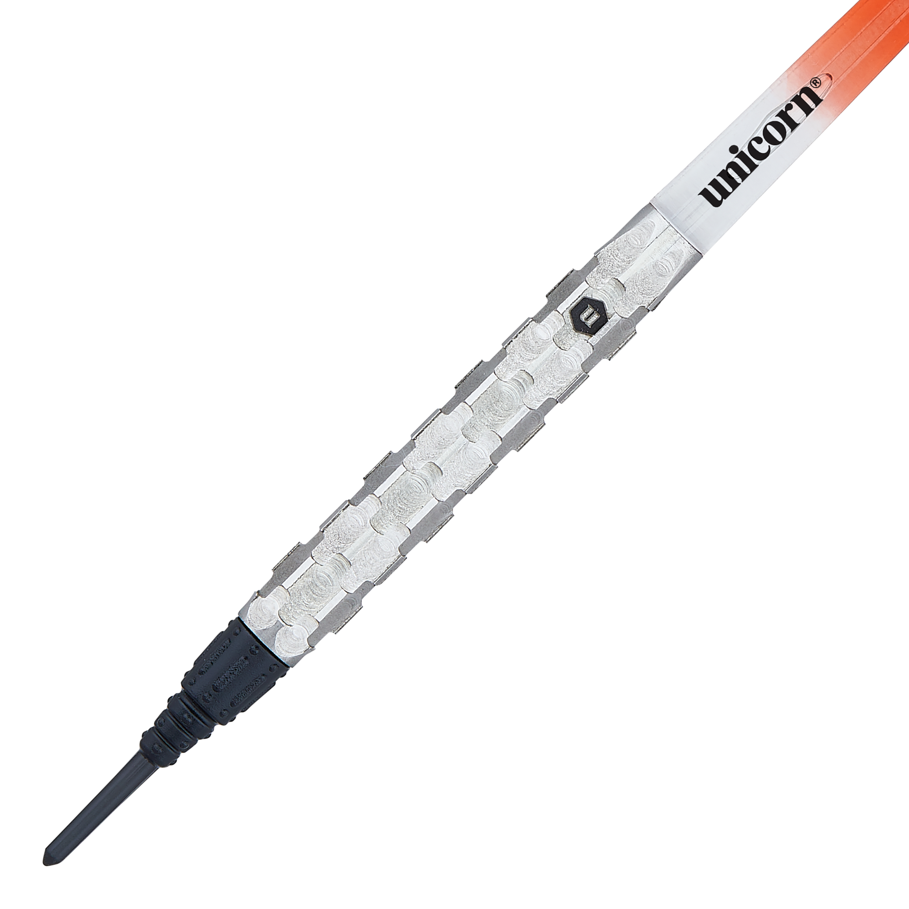 Das Bild zeigt einen Softdart namens "Unicorn Ballista Style 1". Der Dart hat einen silbernen, strukturierten Griff und eine schwarze Spitze.