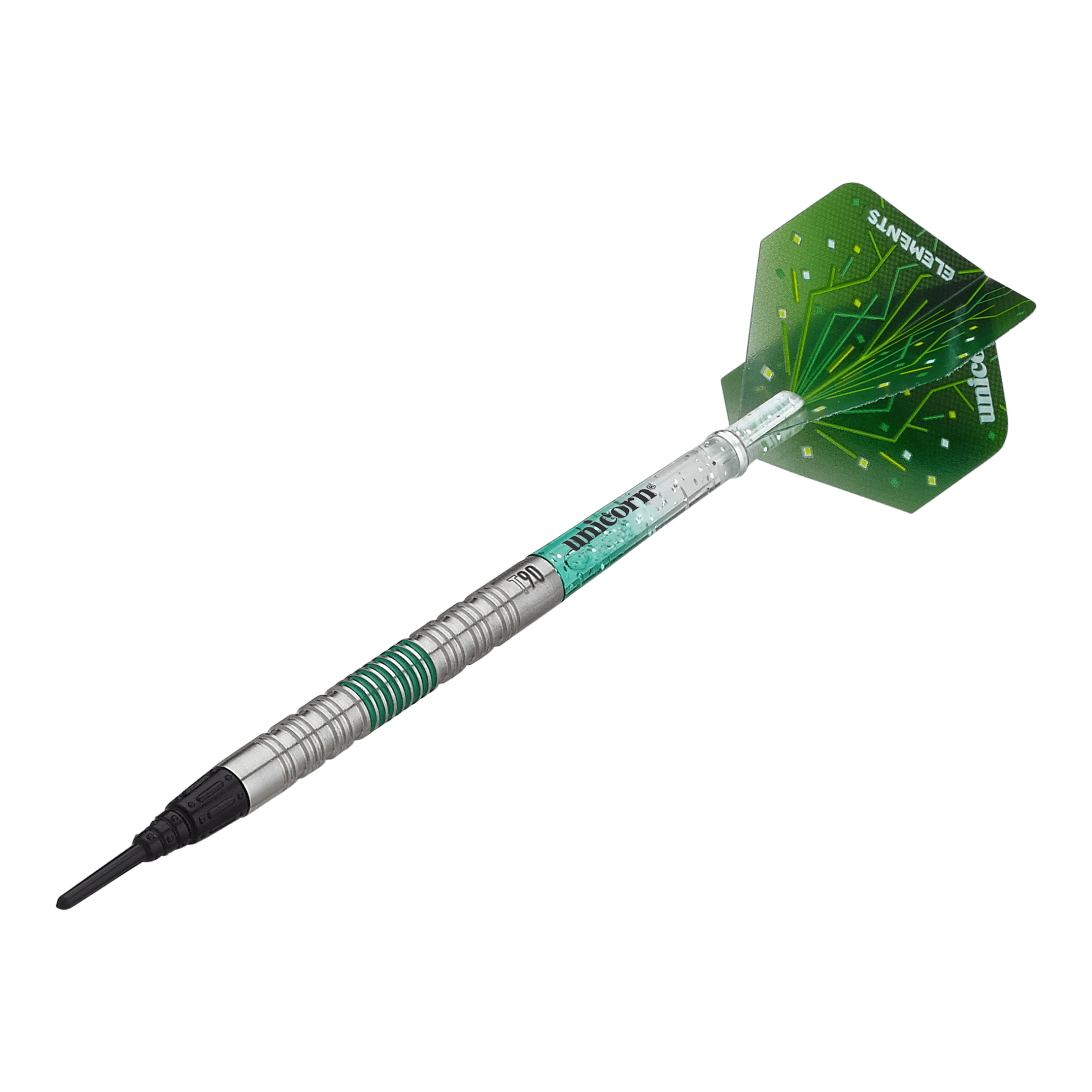 Das Bild zeigt einen Unicorn T90 Core XL Green Softdart. Der Dart ist überwiegend silber und grün mit grünen Flights und schwarzer Spitze.