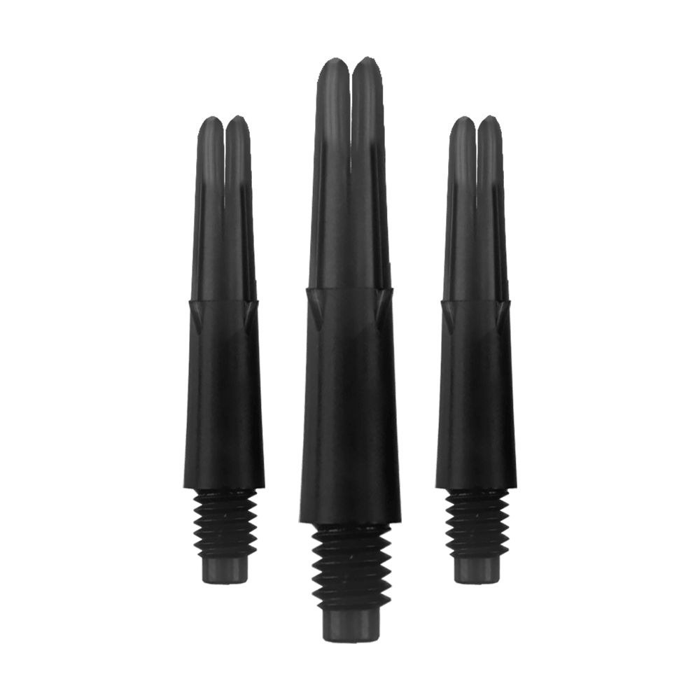 L-Style L-Shafts Locked Straight - Black 130 Das Bild zeigt drei schwarze, gerade Dartschäfte ohne Kappen. Sie sind nebeneinander auf einem neutralen Hintergrund angeordnet.