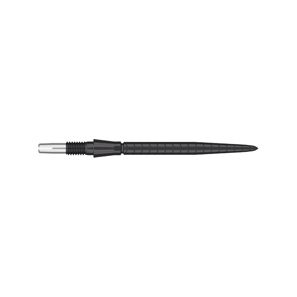 Target Swiss Storm Quartz Dartspitzen - Schwarz Das Bild zeigt eine schwarze Dartspitze mit feinen Rillen und einem schlanken Design. Die Spitze hat eine Länge von 30 mm und wirkt hochwertig verarbeitet.