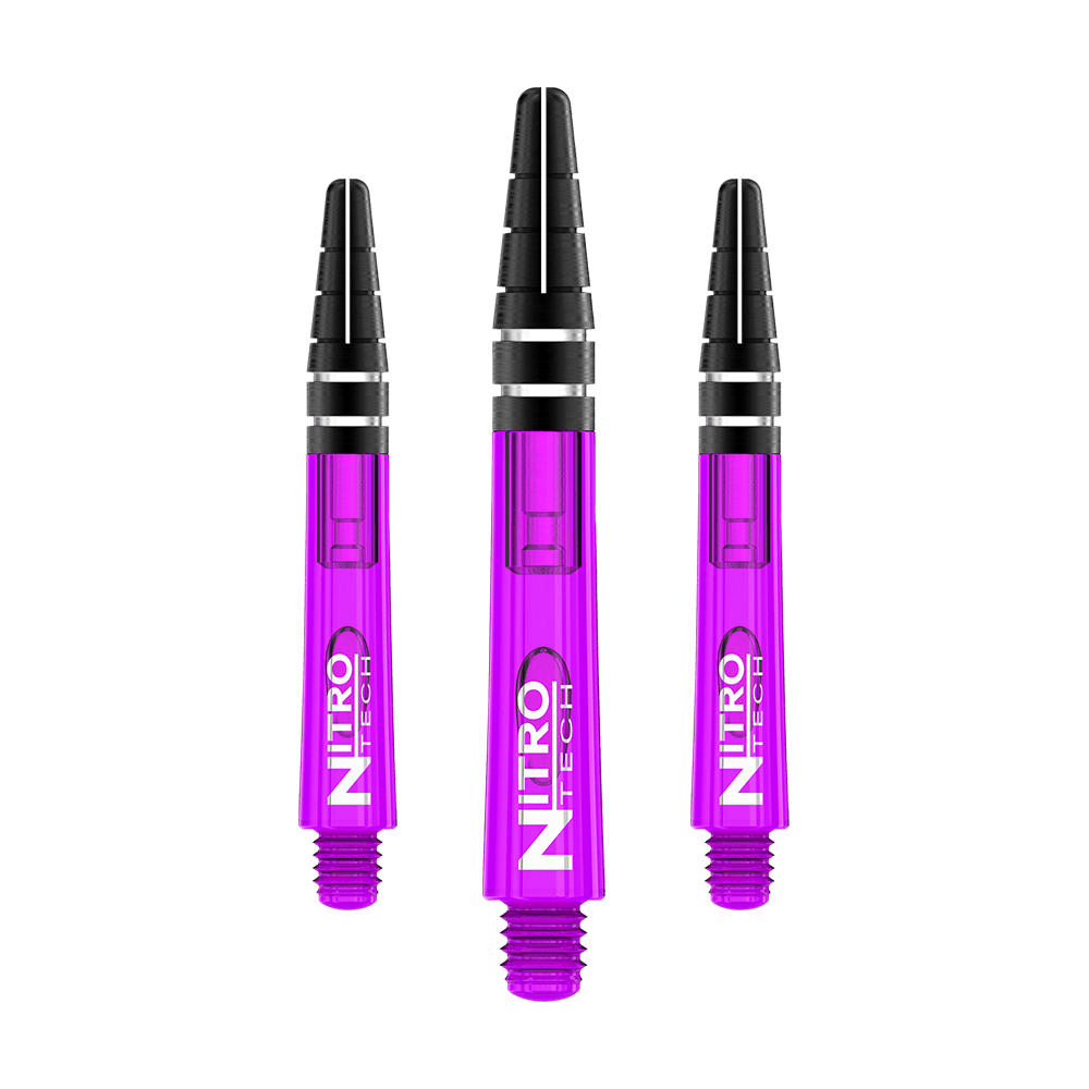 C612_Red_Dragon_Nitrotech_Shafts_Purple_36mm_1 Das Bild zeigt drei lila Dartschäfte der Marke RedDragon Nitrotech. Die Schäfte haben einen schwarzen oberen Teil und das Wort "NITRO TECH" steht gut sichtbar auf jedem Schaft.
