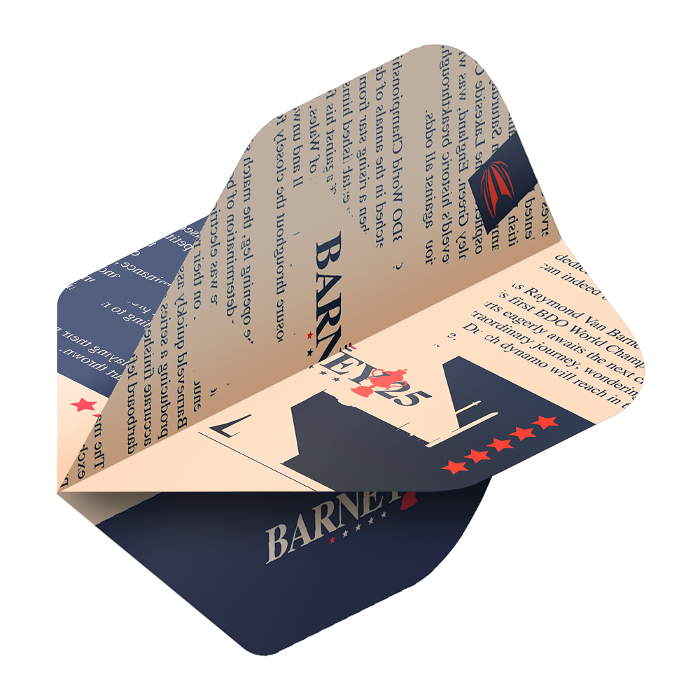 Target ProUltra Raymond Van Barneveld Barney25 Standard Flights Das Bild zeigt einen Target ProUltra Raymond Van Barneveld Barney25 Standard Flight für Darts. Das Design ist in Blau und Beige gehalten und enthält Sterne sowie den Schriftzug "Barney25".
