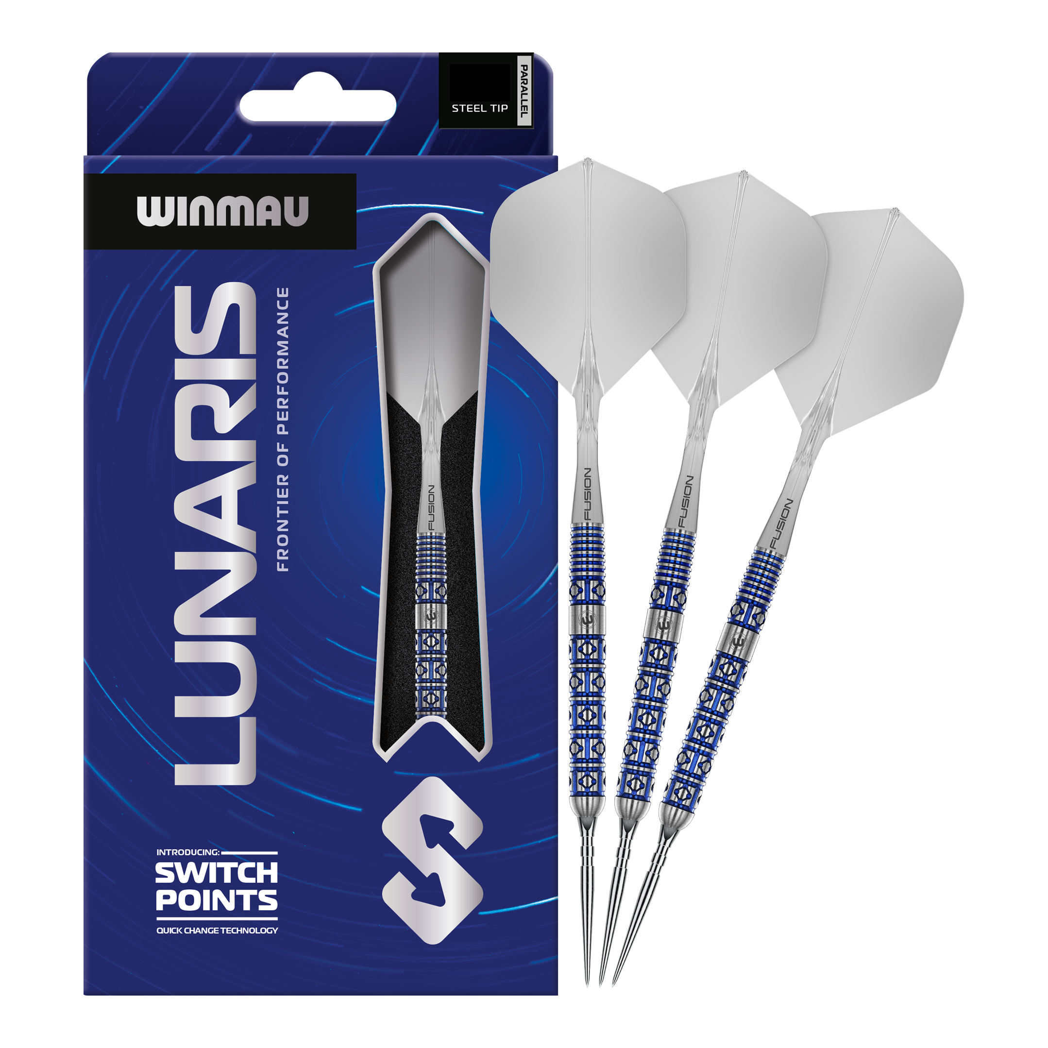 Winmau Lunaris Parallel Switch Point Steeldarts Zu sehen sind die Winmau Lunaris Parallel Switch Point Steeldarts in voller Länge. Das Produkt wird frontal gezeigt.