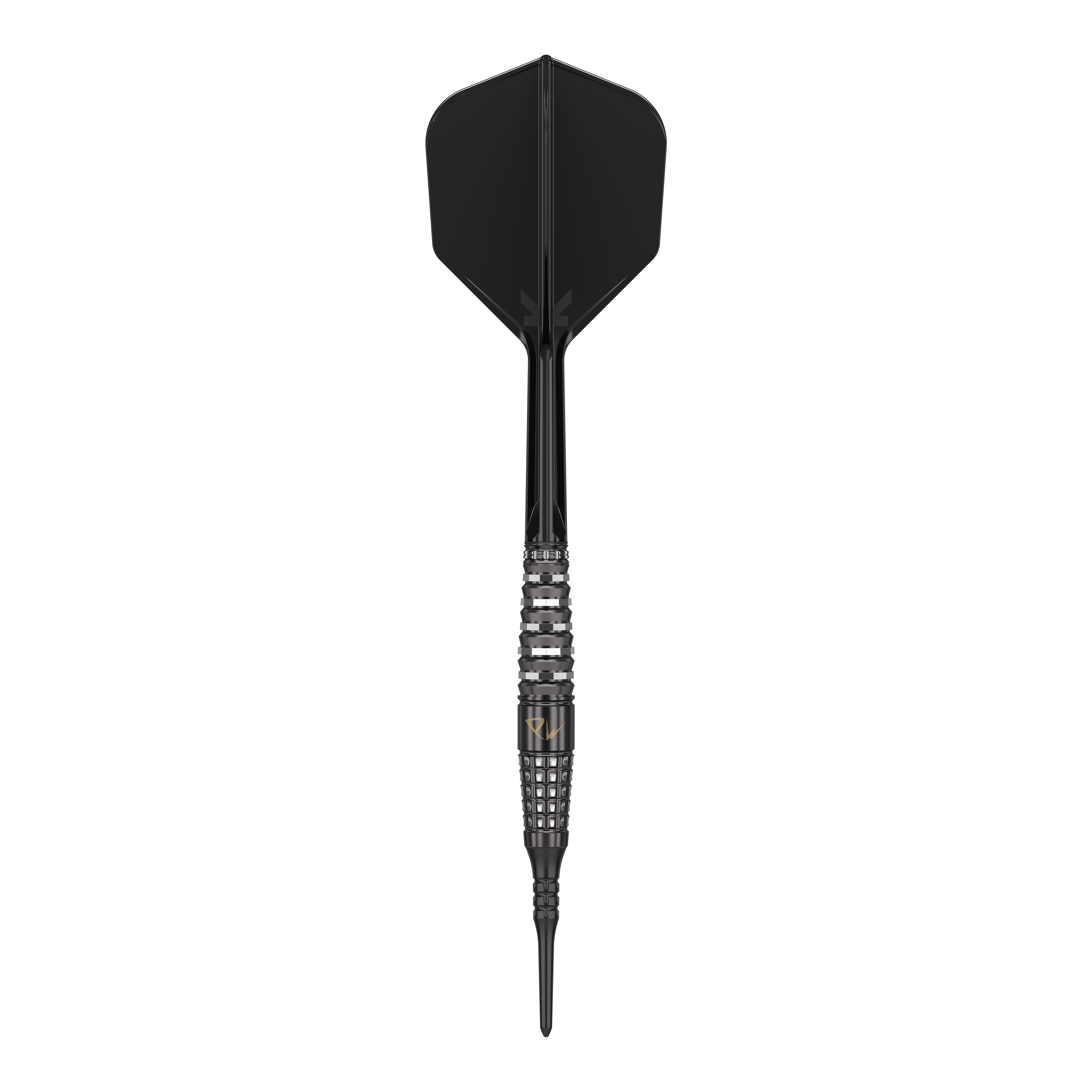 Das Bild zeigt einen schwarzen Softdartpfeil mit einem modernen, geriffelten Griffdesign. Es handelt sich um das Modell "Target Japan Black Marque PW Softdarts - 18g".