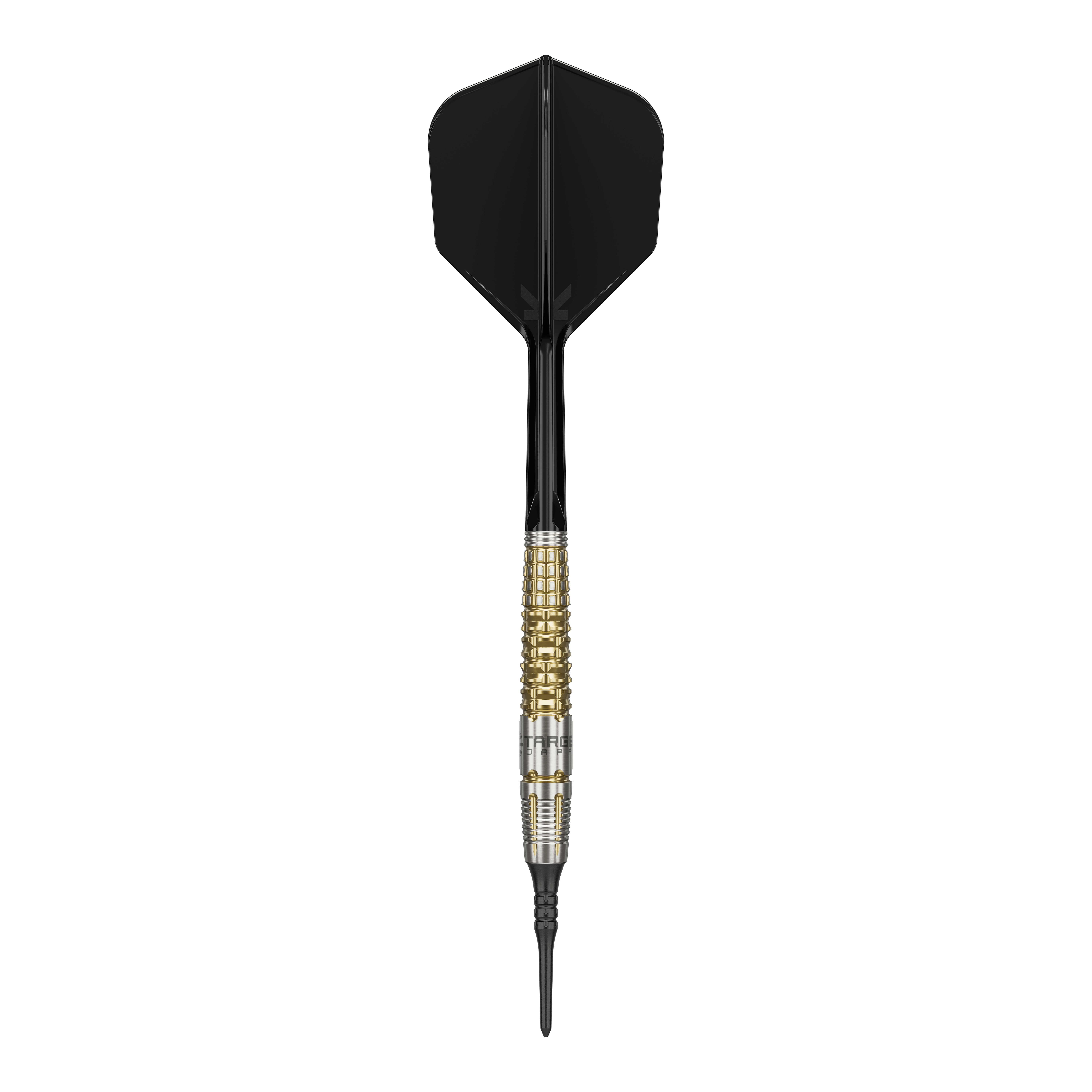 Target Japan Black Marque Warrior Softdarts - 18,5g Das Bild zeigt einen Target Japan Black Marque Warrior Softdart mit einem Gewicht von 18,5g. Der Dart hat eine schwarze Spitze und Flügel sowie einen gold-silbernen Griffbereich.