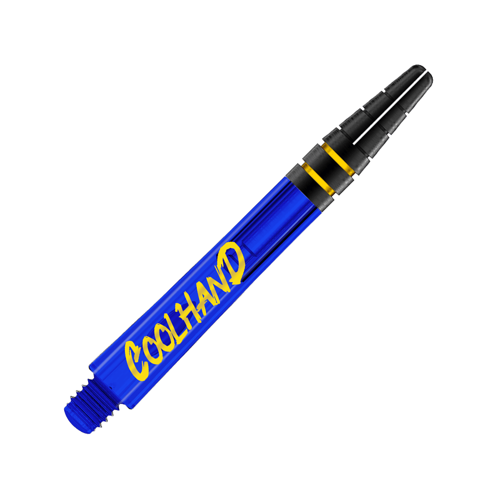 Red Dragon Nitrotech Luke Humphries Coolhand Shafts - Blau Dies ist ein blauer Dart-Schaft mit der gelben Aufschrift "COOLHAND". Am oberen Ende befinden sich zwei schwarze Ringe mit goldenen Akzenten.
