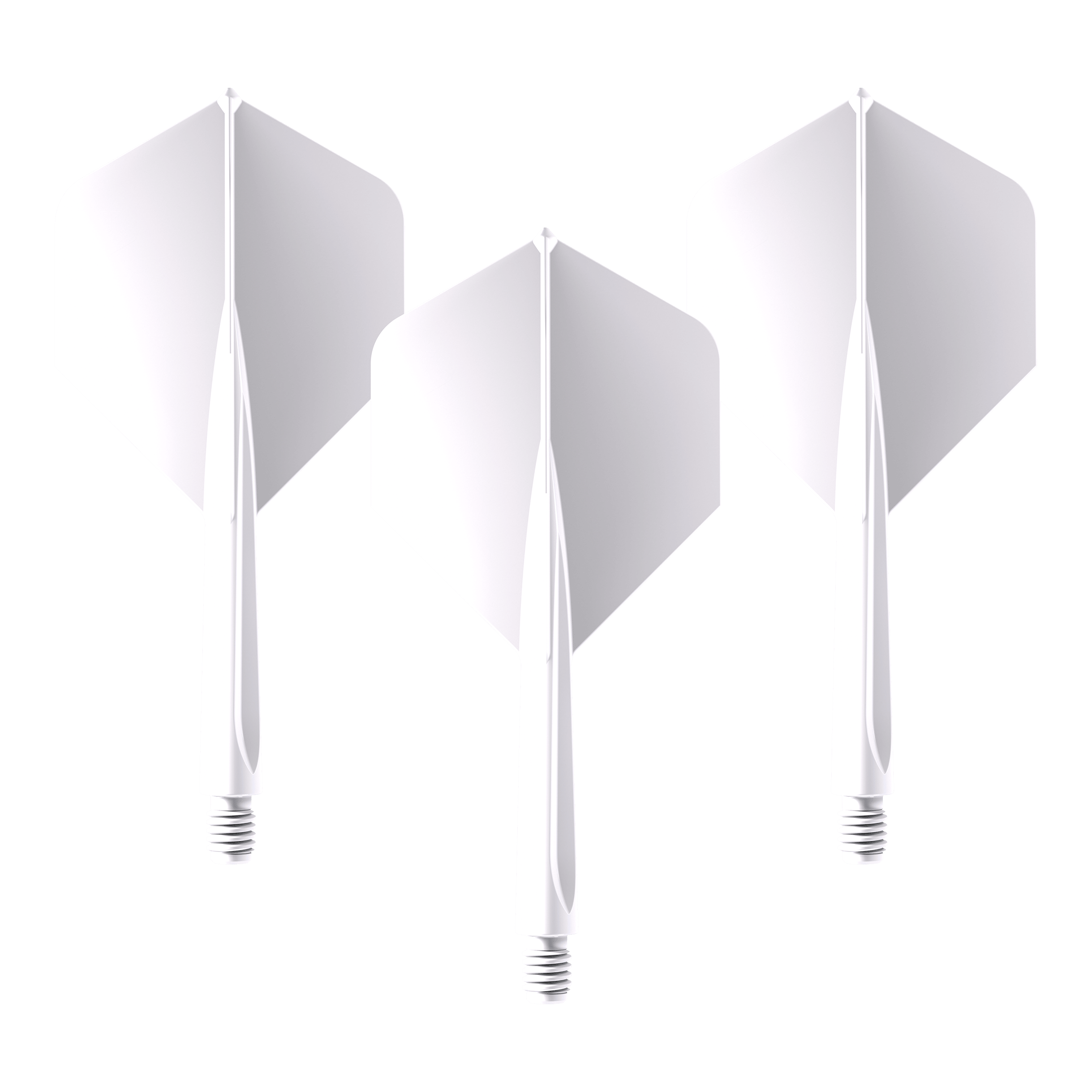 Das Bild zeigt drei weiße Dartflights mit integriertem Schaft. Es handelt sich um das Produkt "Unicorn Forge All In One Plus No2 Standard Flights Weiß - Medium".