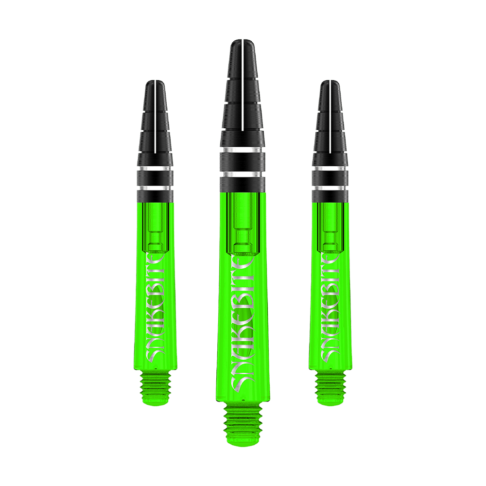 Das Bild zeigt drei grüne Dartschäfte der Marke Red Dragon Nitrotech Peter Wright. Auf den Schäften steht in weißer Schrift das Wort "Snakebite".