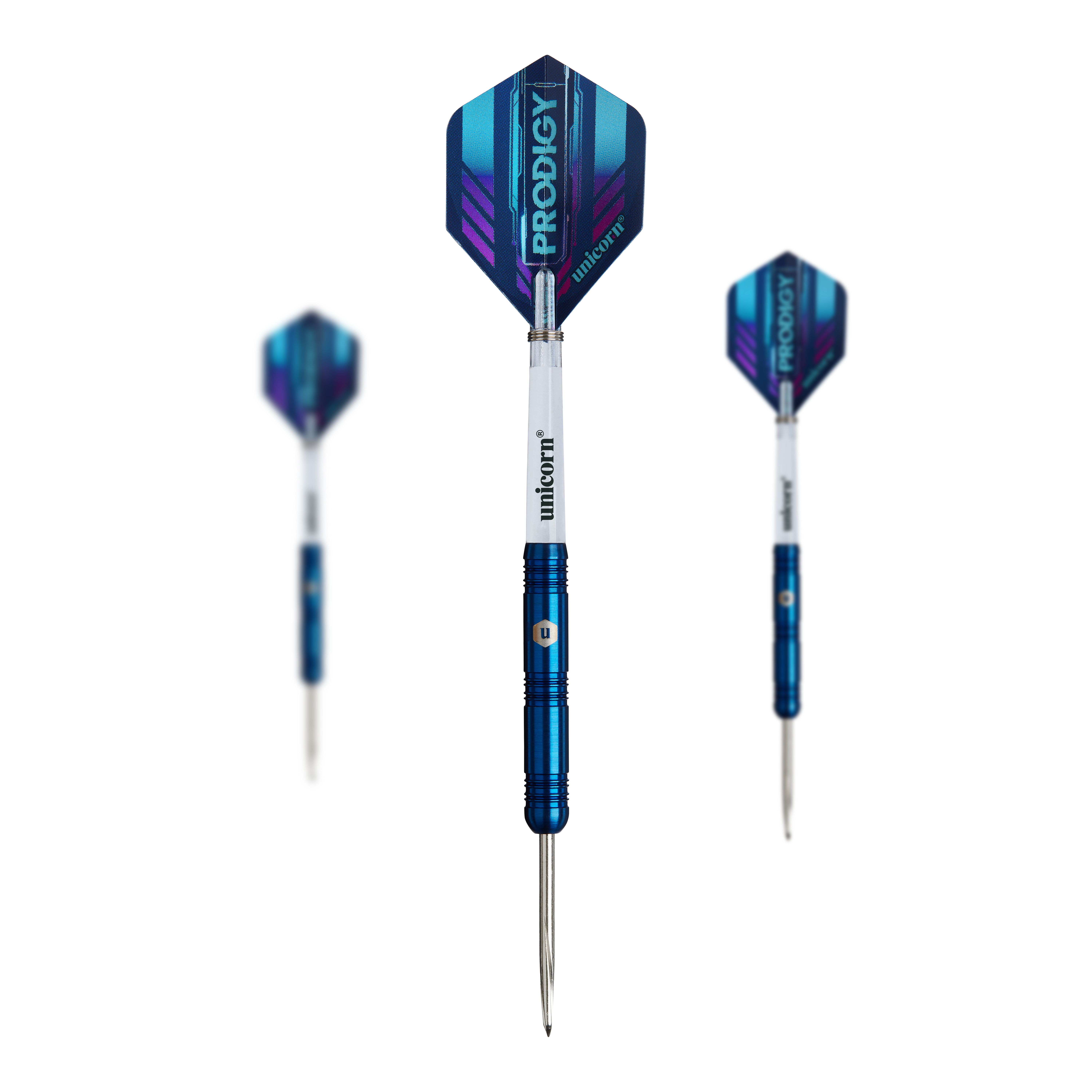 Auf dem Bild sind drei Steeldarts des Modells "Unicorn Prodigy 01 Parallel" zu sehen. Die Darts haben blaue und silberne Griffe sowie blaue Flights mit der Aufschrift "PRODIGY".