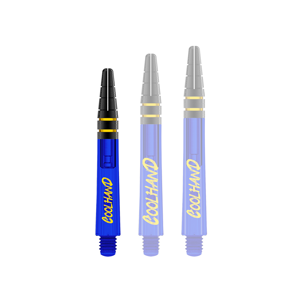 Red Dragon Nitrotech Luke Humphries Coolhand Shafts - Blau Auf dem Bild sind drei blaue Dartschäfte mit gelbem Schriftzug "COOLHAND" zu sehen. Oben haben sie schwarze Rillen mit goldenen Ringen.