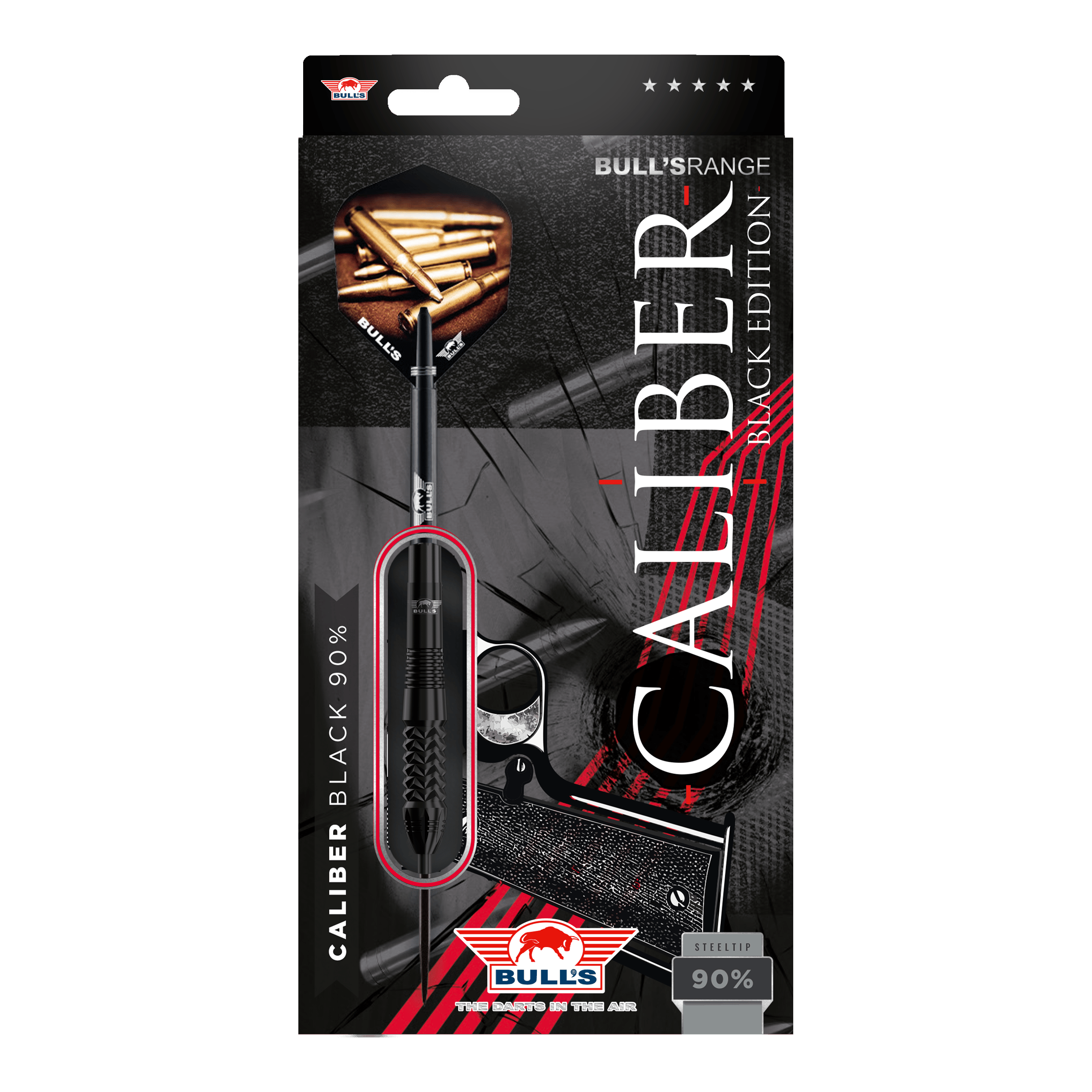 Bulls NL Caliber Black Steeldarts Das Bild zeigt die Verpackung der "Bulls NL Caliber Black Steeldarts". Die Verpackung ist schwarz gestaltet und hebt die Steeldarts sowie den Schriftzug "Caliber Black Edition" hervor.