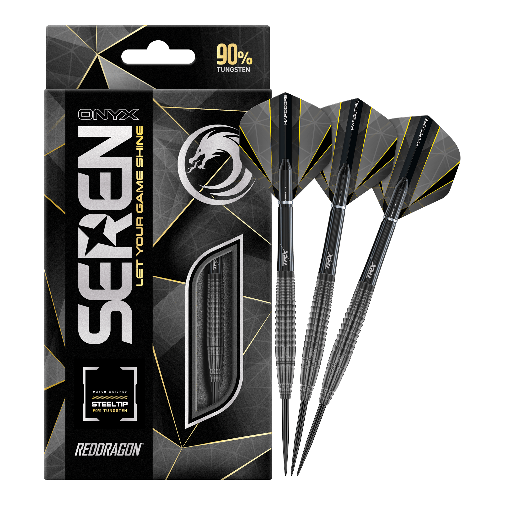 Red Dragon Seren 4 Onyx Steeldarts Das Bild zeigt die Verpackung und drei Steeldarts des Produkts "Red Dragon Seren 4 Onyx". Die Darts bestehen zu 90% aus Wolfram und haben ein modernes, schwarzes Design.
