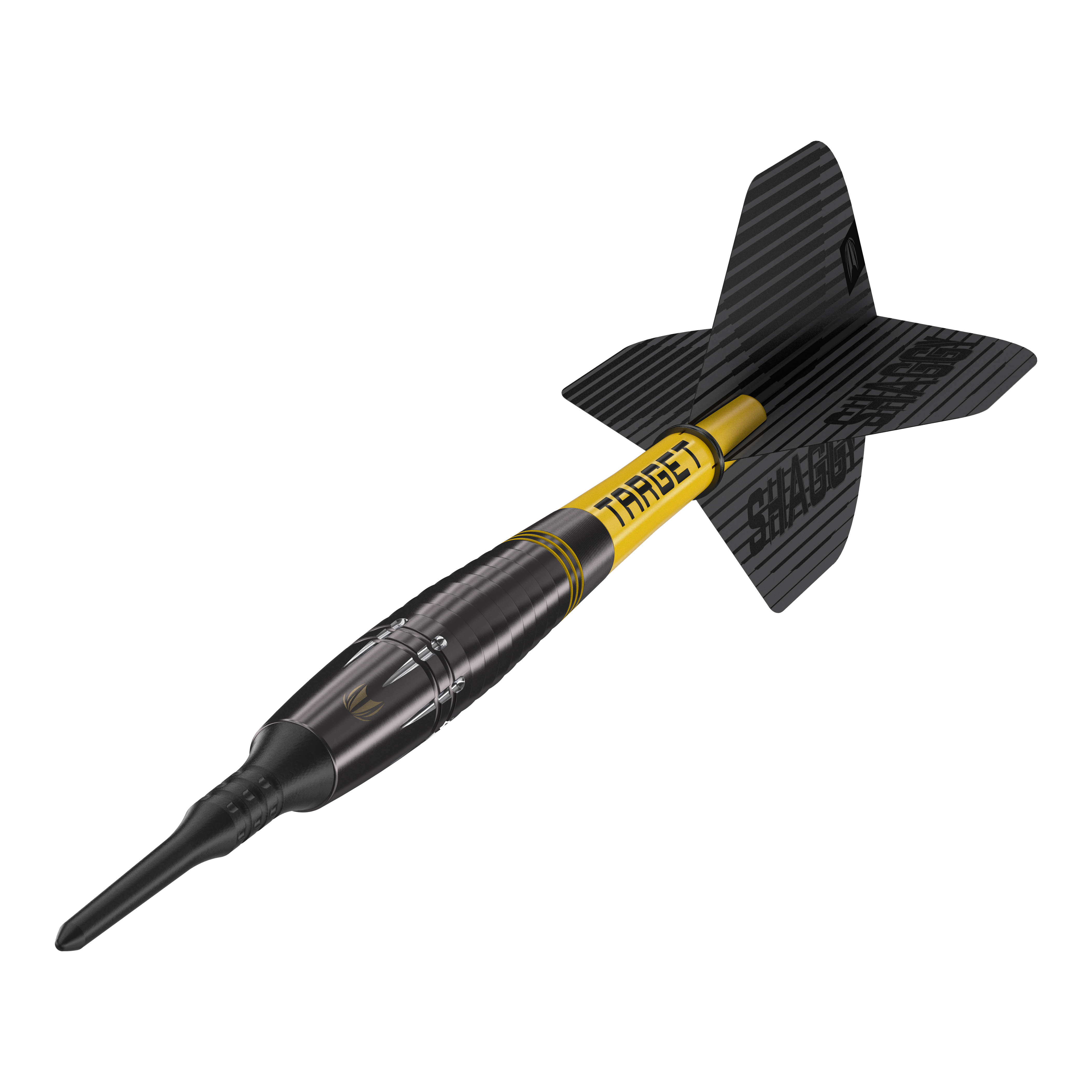 Target Scott Williams Shaggy Black Softdarts - 20g Das Bild zeigt einen schwarzen Softdart mit gelbem Schriftzug „TARGET“ und der Aufschrift „SHAGGY“ auf der Flight. Es handelt sich um das Produkt „Target Scott Williams Shaggy Black Softdarts – 20g“.