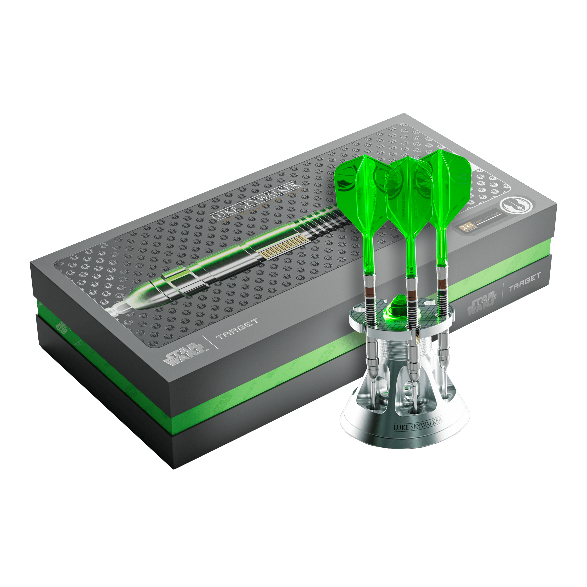 Target Star Wars Luke Skywalker Jedi Knight Lightsaber Limited First Edition Darts - 24g Auf dem Bild befinden sich die Target Star Wars Luke Skywalker The Jedi Knight Light Saber Limited Edition Steeldarts - 24g. Diese limitierte Edition ist für Fans von Star Wars und Dartspieler geeignet.
