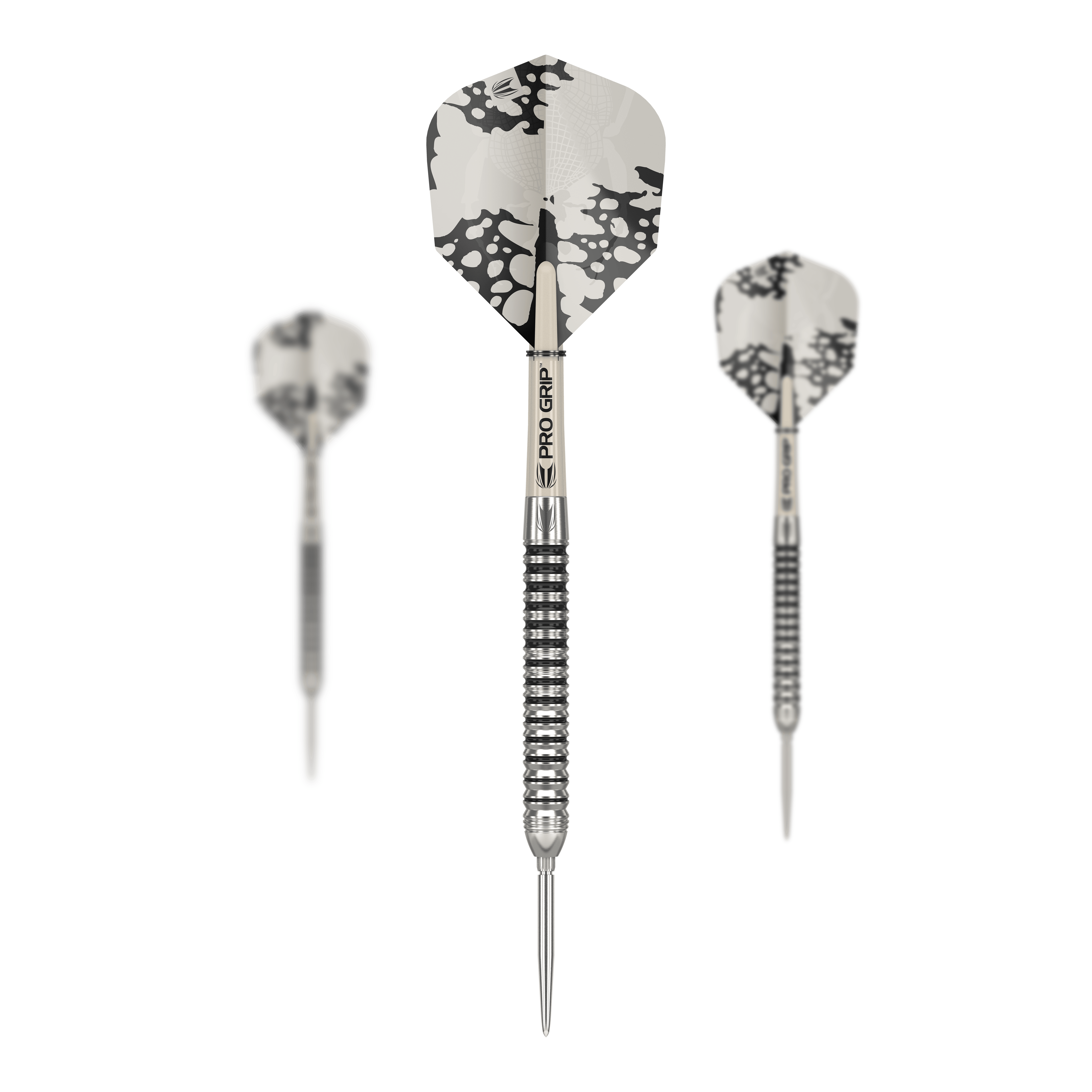Das Bild zeigt die Target EXO SP01 Swiss Point Steeldarts mit schwarz-silbernem Design. Drei Darts mit strukturierten Griffen und auffälligen Flights sind zu sehen.