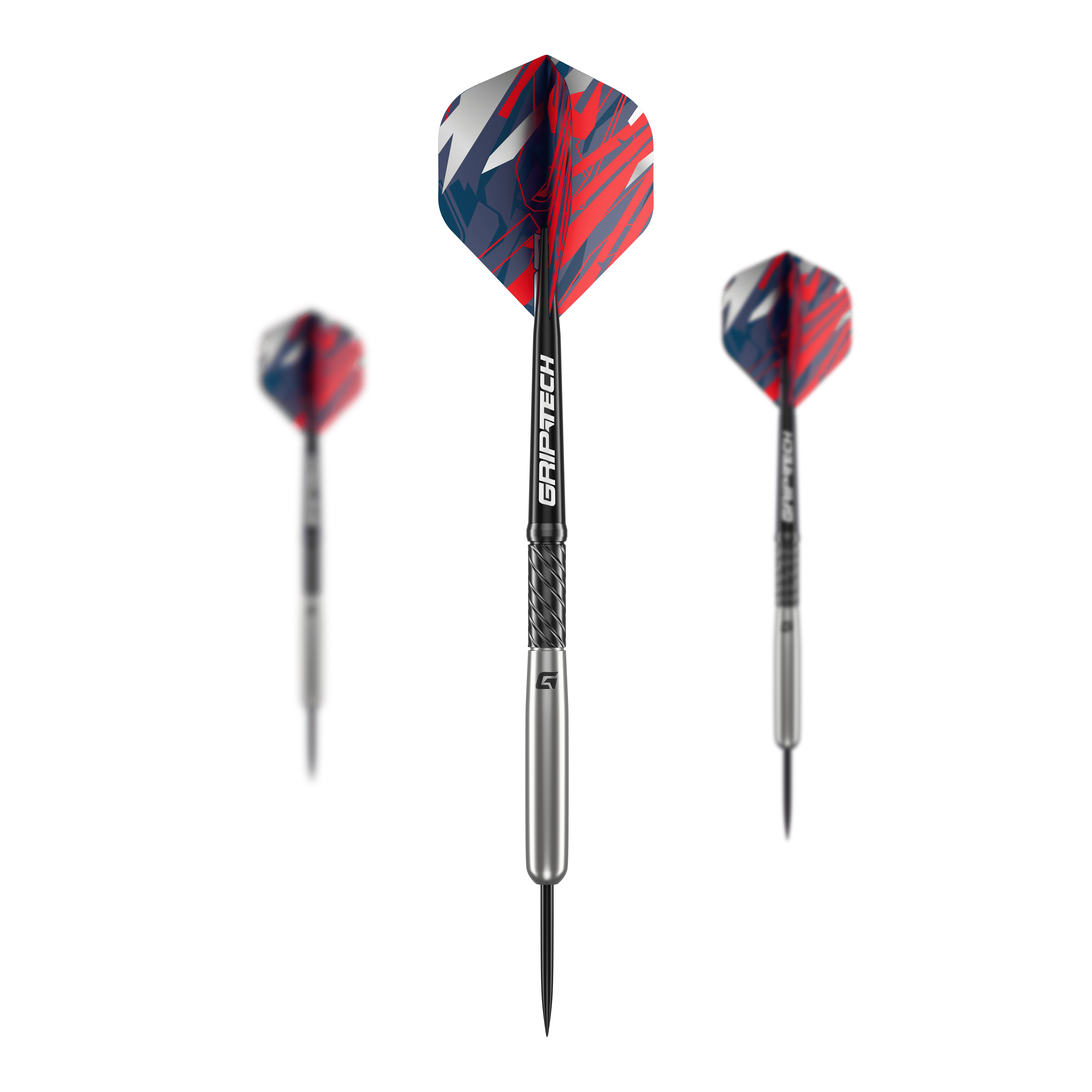 Das Bild zeigt drei GOAT Homerun Baseball Tungsten Steeldarts mit silbernem Schaft und bunten, rot-blauen Flights. Die Darts sind modern gestaltet und heben sich durch das auffällige Design ab.