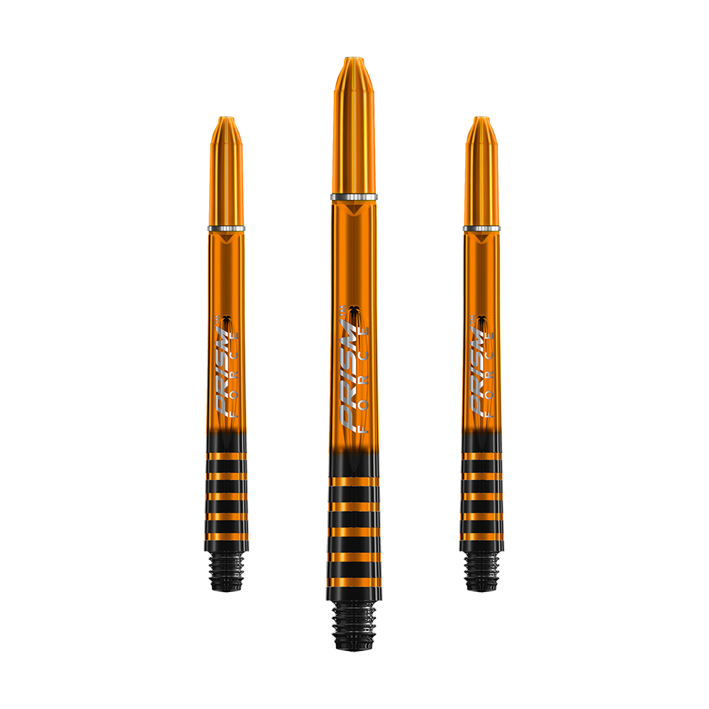 Das Bild zeigt drei orangefarbene Winmau Prism Force Shafts für Darts. Sie haben ein glänzendes Design mit schwarzen Streifen am unteren Ende.