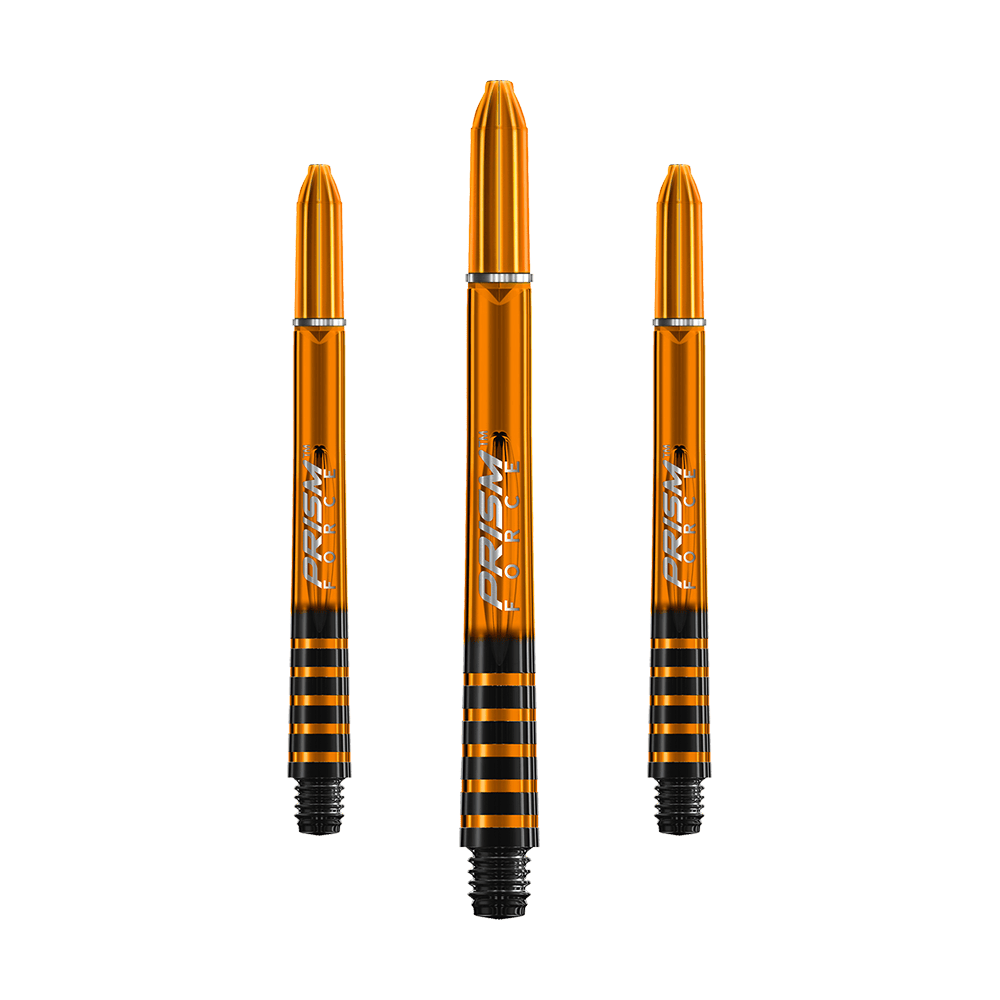 7020-207_Winmau_Prism_Force_Shafts_Orange_48mm_1dwjEnee8nKIWL Das Bild zeigt drei orangefarbene Winmau Prism Force Shafts für Darts. Sie haben ein glänzendes Design mit schwarzen Streifen am unteren Ende.
