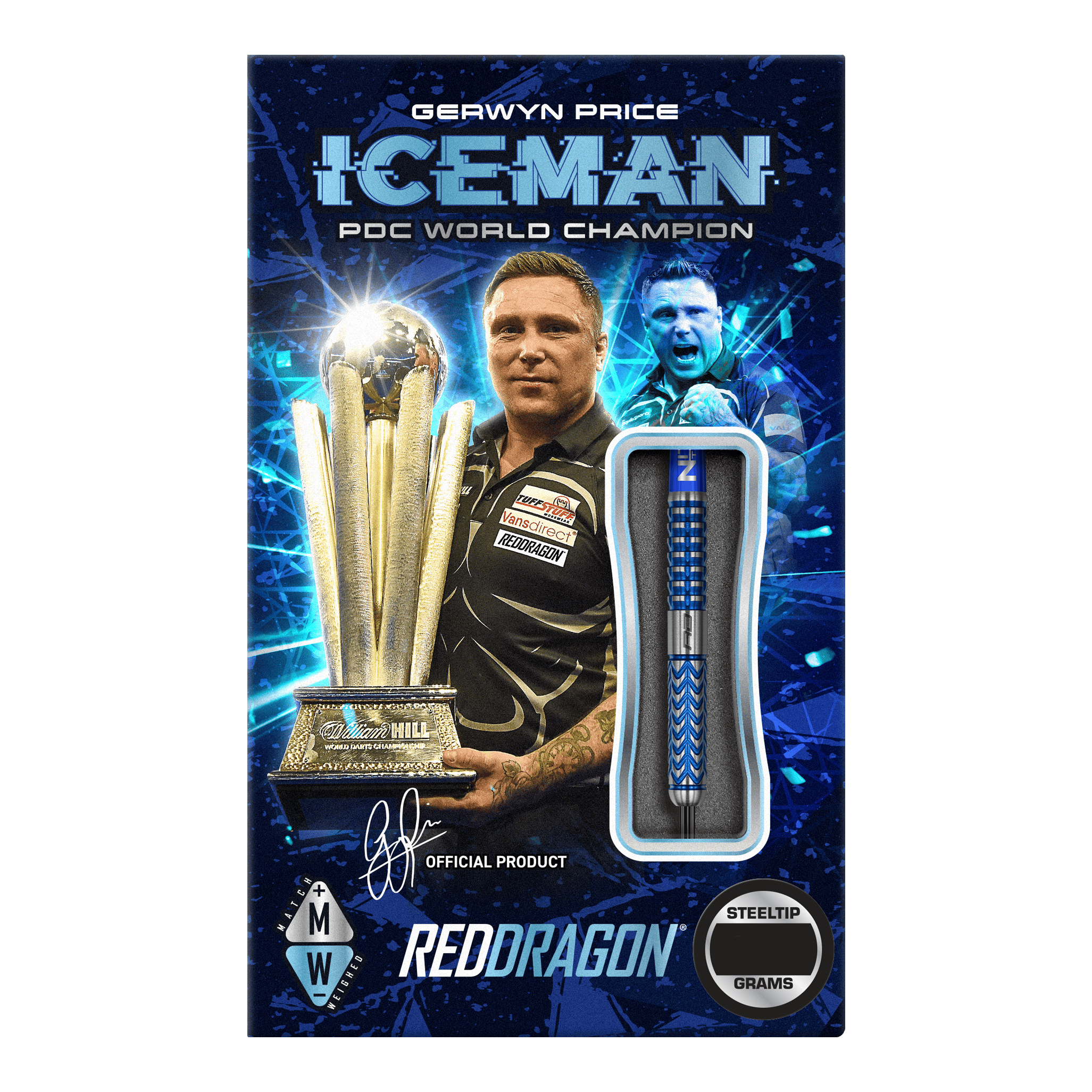 Red Dragon Gerwyn Price Glacier Steeldarts Das Bild zeigt die Verpackung der "Red Dragon Gerwyn Price Glacier Steeldarts". Auf der Verpackung sind Gerwyn Price, ein großer Pokal und ein Steeldart abgebildet.