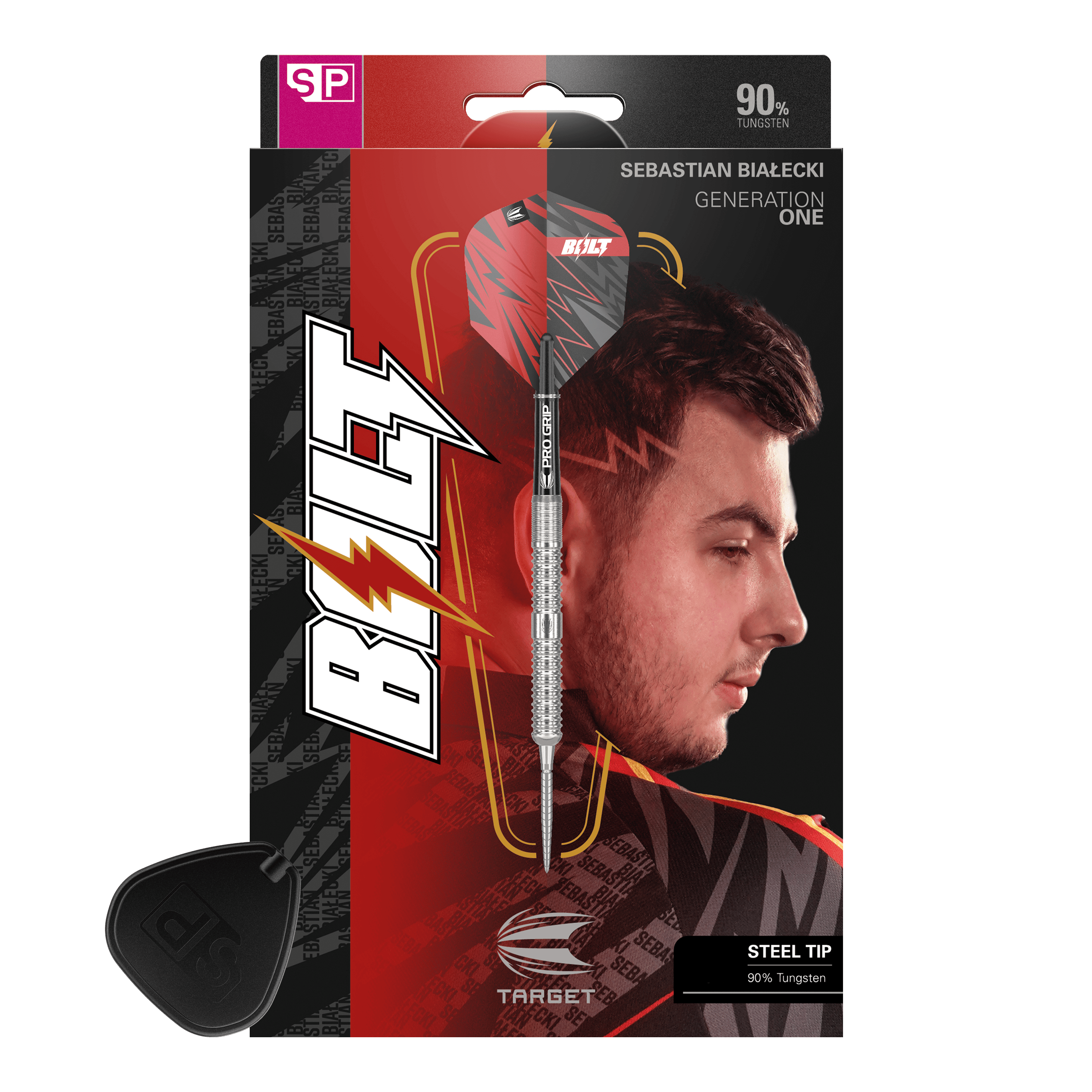 Target Sebastian Bialecki GEN1 Swiss Point Steeldarts - 22g Das Bild zeigt die Verpackung der "Target Sebastian Bialecki GEN1 Swiss Point Steeldarts - 22g". Auf der Verpackung ist ein Dartpfeil sowie das Porträt eines Mannes zu sehen.