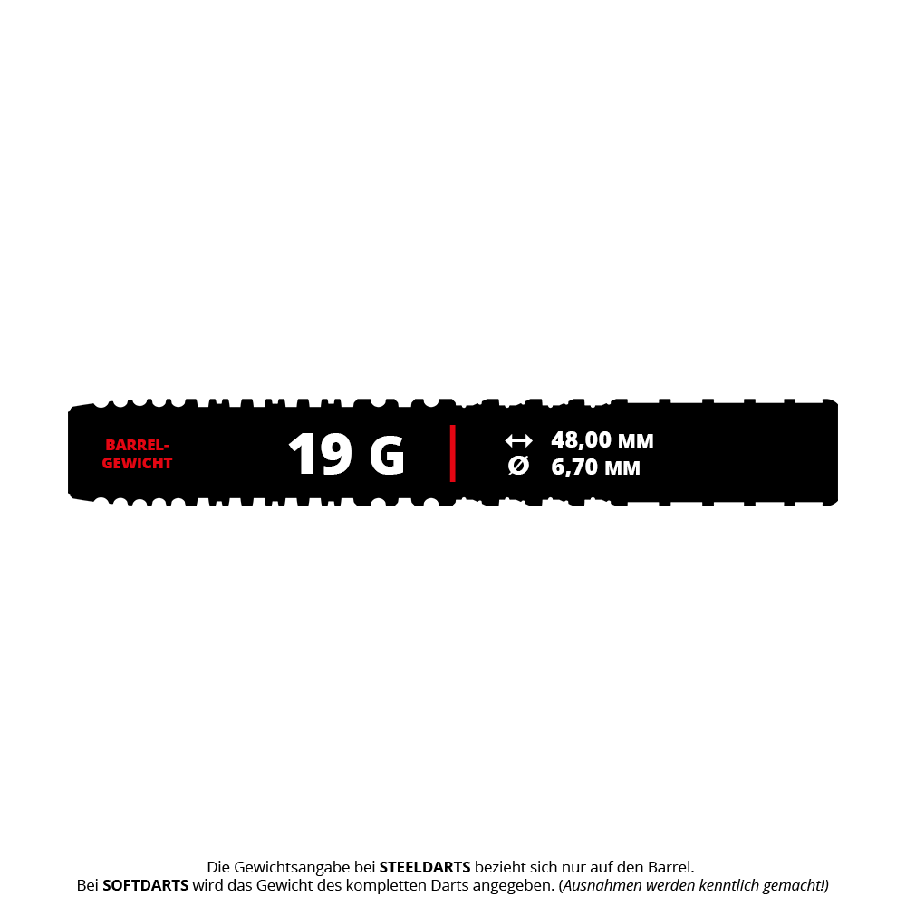 Target Japan Black Marque Morpheus GEN2 Softdarts - 19g Das Bild zeigt die Produktinformationen zu den Target Japan Black Marque Morpheus GEN2 Softdarts mit einem Gewicht von 19 Gramm. Die Länge beträgt 48,00 mm und der Durchmesser 6,70 mm.